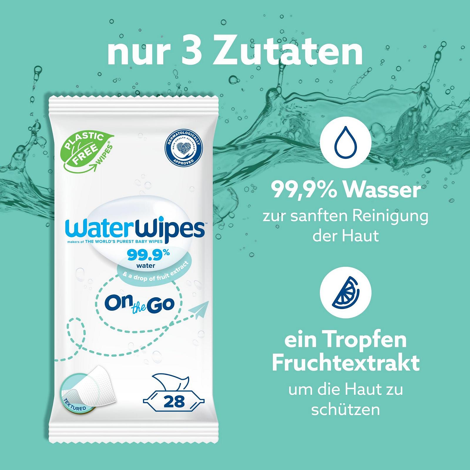Салфетки WaterWipes Travel, 224 шт (8 упаковок), влажные салфетки на 99,9% на водной основе, идеально подходят для путешествий, лица и тела, фото №3