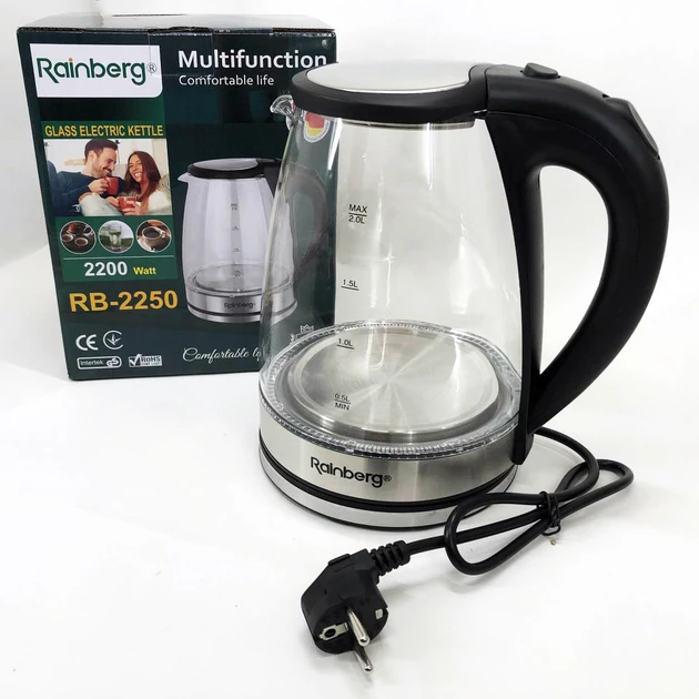 Электрический стеклянный чайник Rainberg RB-2250 с LED подсветкой 2200 Вт 1.8л, хороший электро, фото №5 Электрический стеклянный чайник Rainberg RB-2250 с LED подсветкой 2200 Вт 1.8л, хороший электро, фото №5