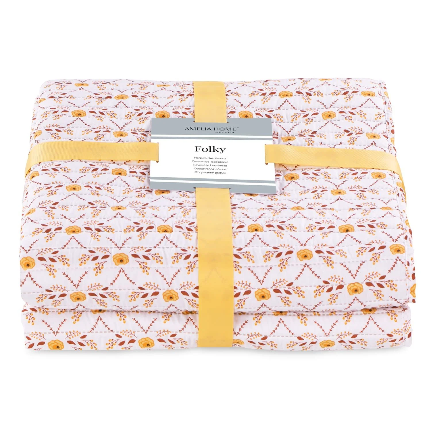 Покрывало AmeliaHome Двустороннее Легкий Уход Стеганое Фольклорный Растительный Узор Желтый Белый Оранжевый 260 x 280 см, фото №6