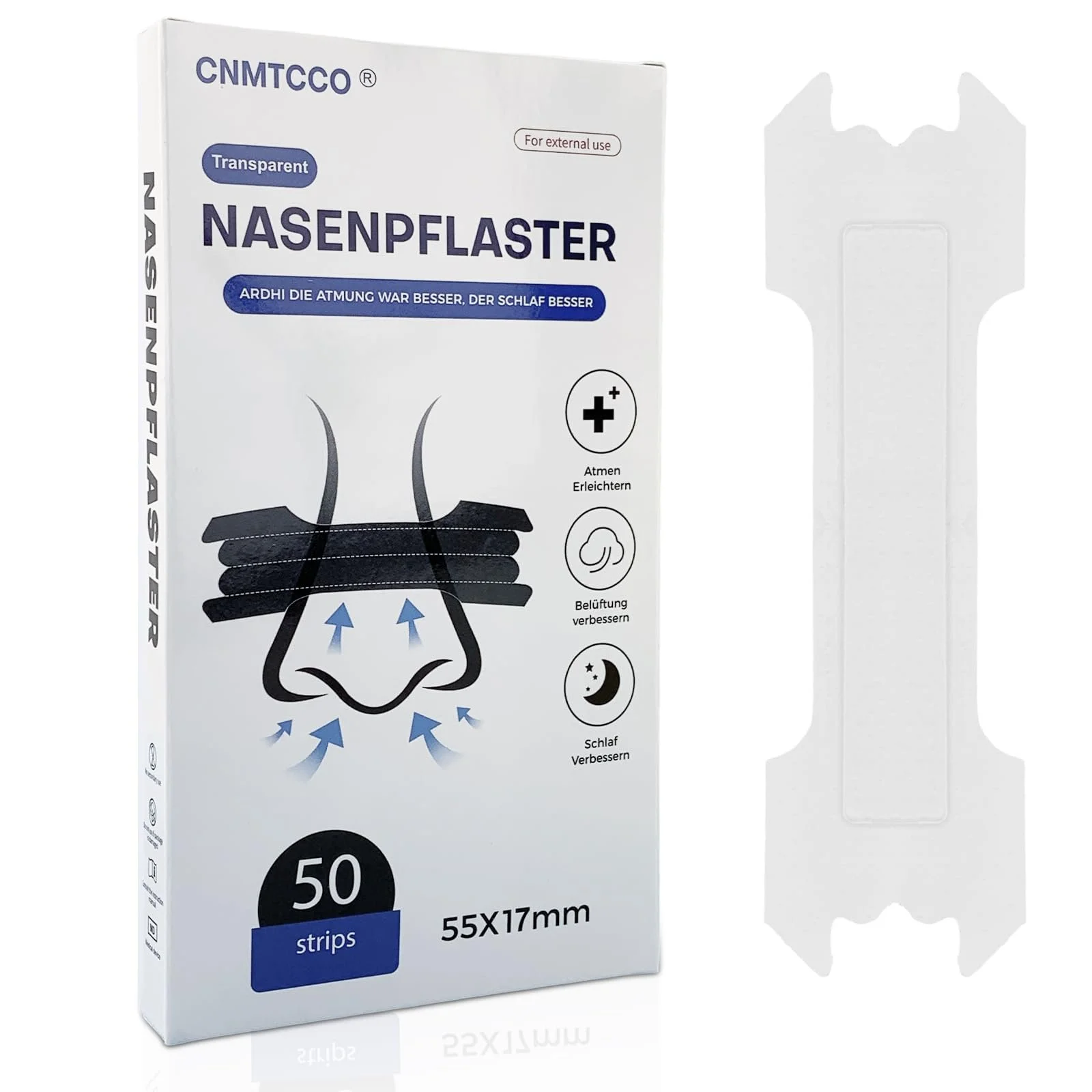 Пластыри на нос CNMTCCO, Чрезвычайно прочные плдля лучшего дыхания, облегчение заложенности носа через насморк и аллергию, улучшение сна (Прозрачные, 50 штук, 55 x 16 мм), фото №1