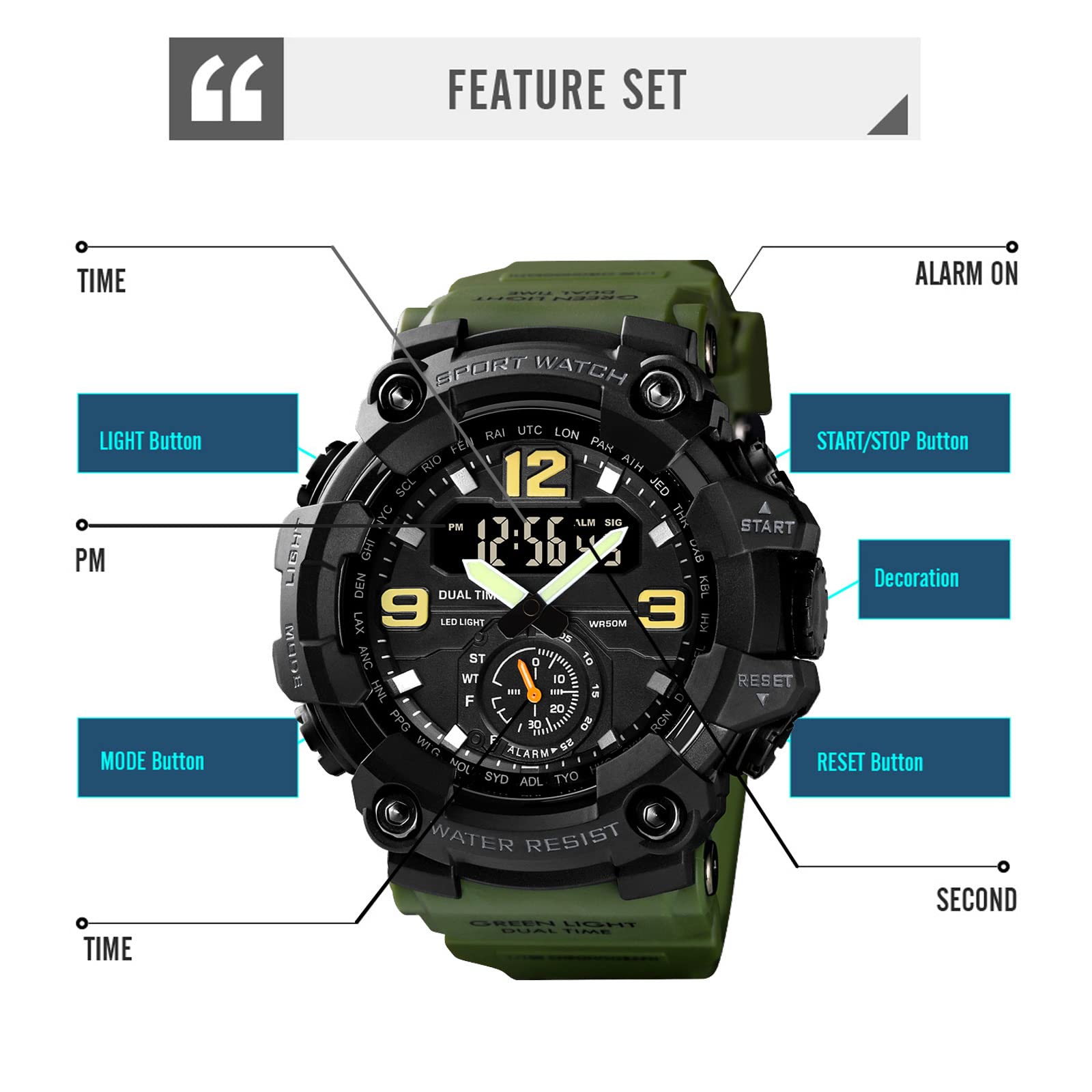 Часы Digital findtime Большие для мужчин и мальчиков 5ATM Водонепроницаемые Спортивные 12-24H Будильник Дата Секундомер Три часовых пояса Военные тактические, фото №7