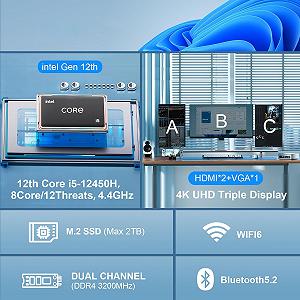 Мини ПК NiPoGi CK10 Core i5-12450H 1TB M.2 NVMe SSD + 32GB RAM 4K UHD/HDMI+VGA WiFi6/BT5.2/Type C/RJ45 - Фото 1