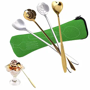 Ложка для размешивания, Ложка с длинной ручкой из нержавеющей стали серебряная золотая розовая в форме сердца для кофе чая молочных коктейлей десертов мороженого 4 шт с сумкой для столовых приборов 1 шт - Фото 1