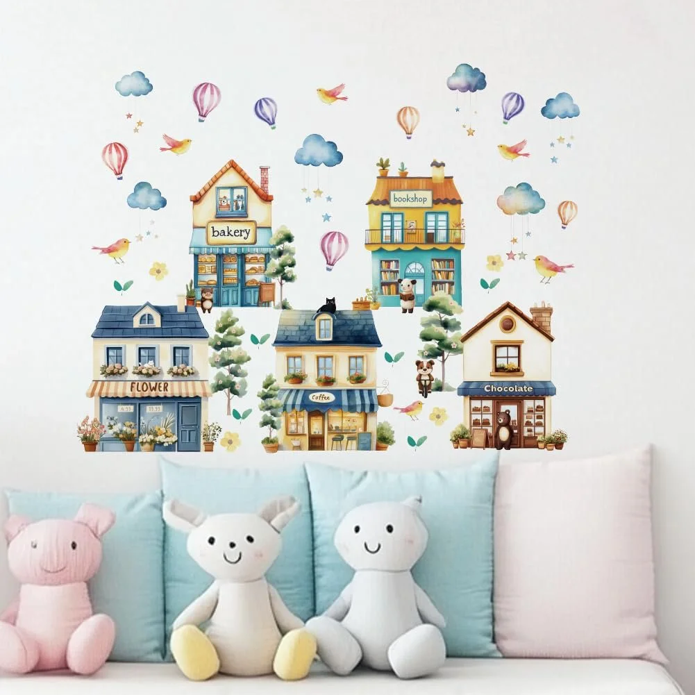 Наклейки на стіну 3 аркуші Акварельні будинки Вуличні будівлі Вінтажний стиль, фото №1