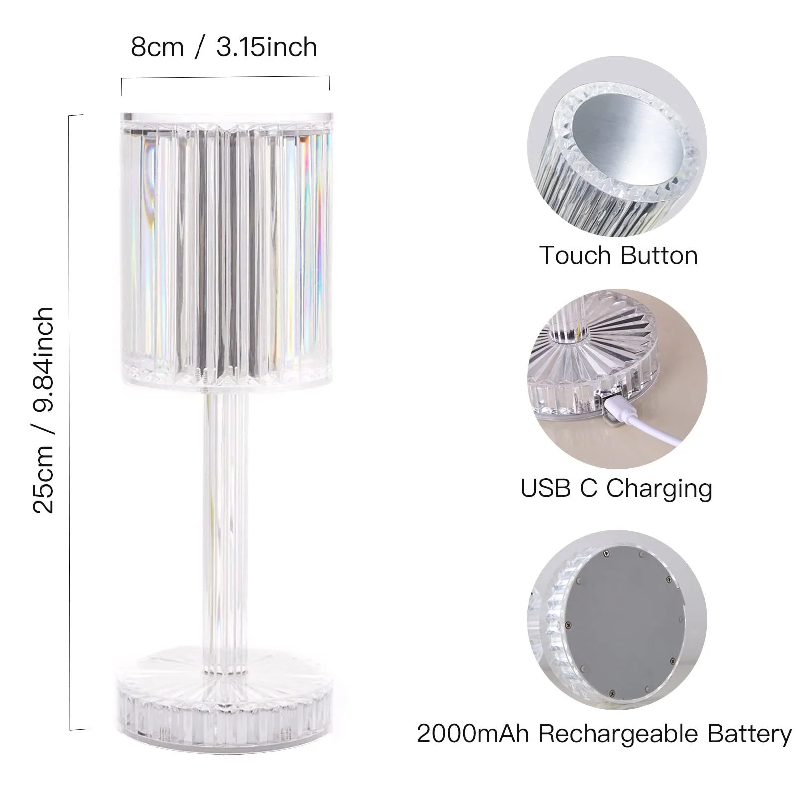 Настільна лампа XVZ LED Кришталева Акумуляторна 2000 мАг Сенсорна Димер, фото №3