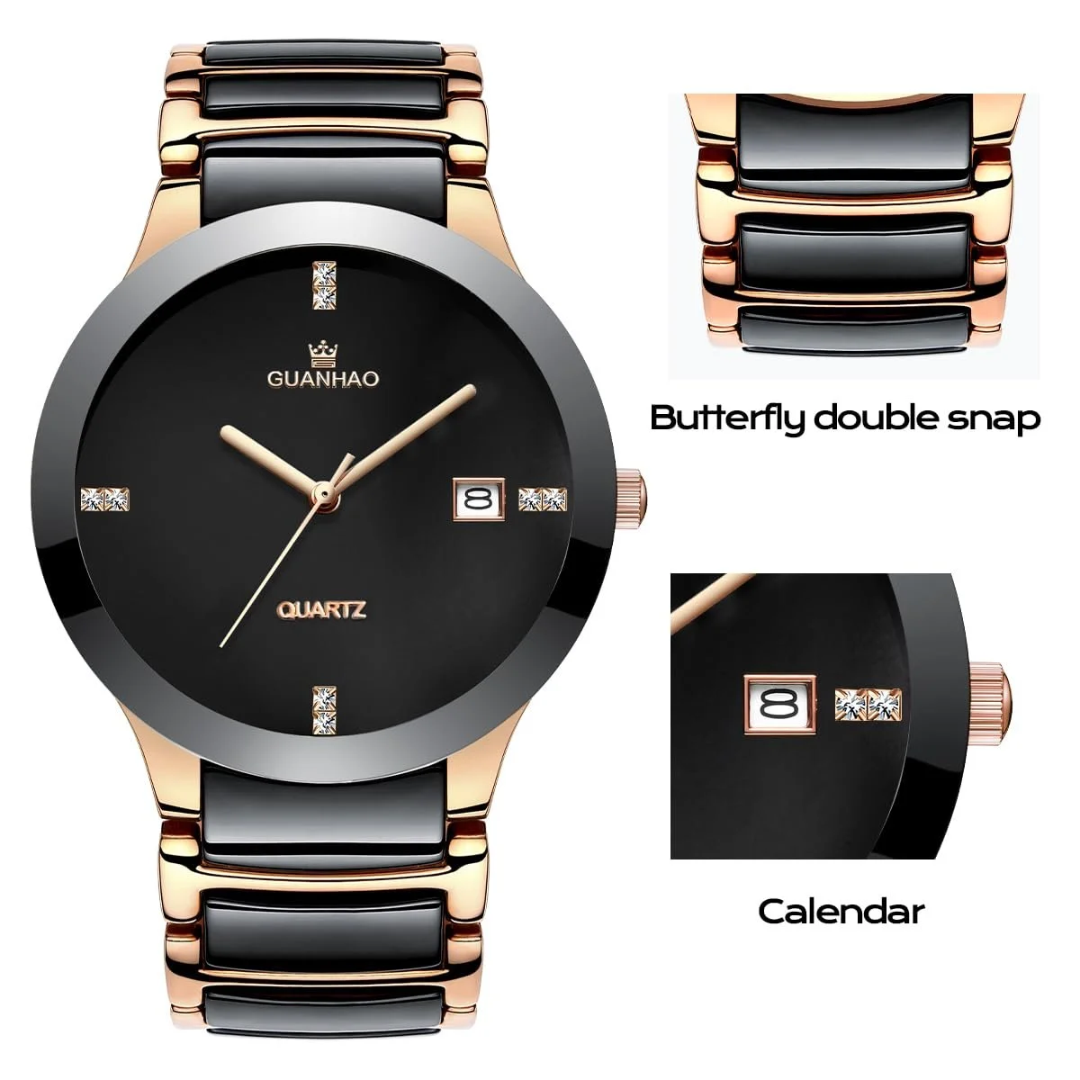 Керамічний чоловічий годинник Guanhao, чорний циферблат, фото №2