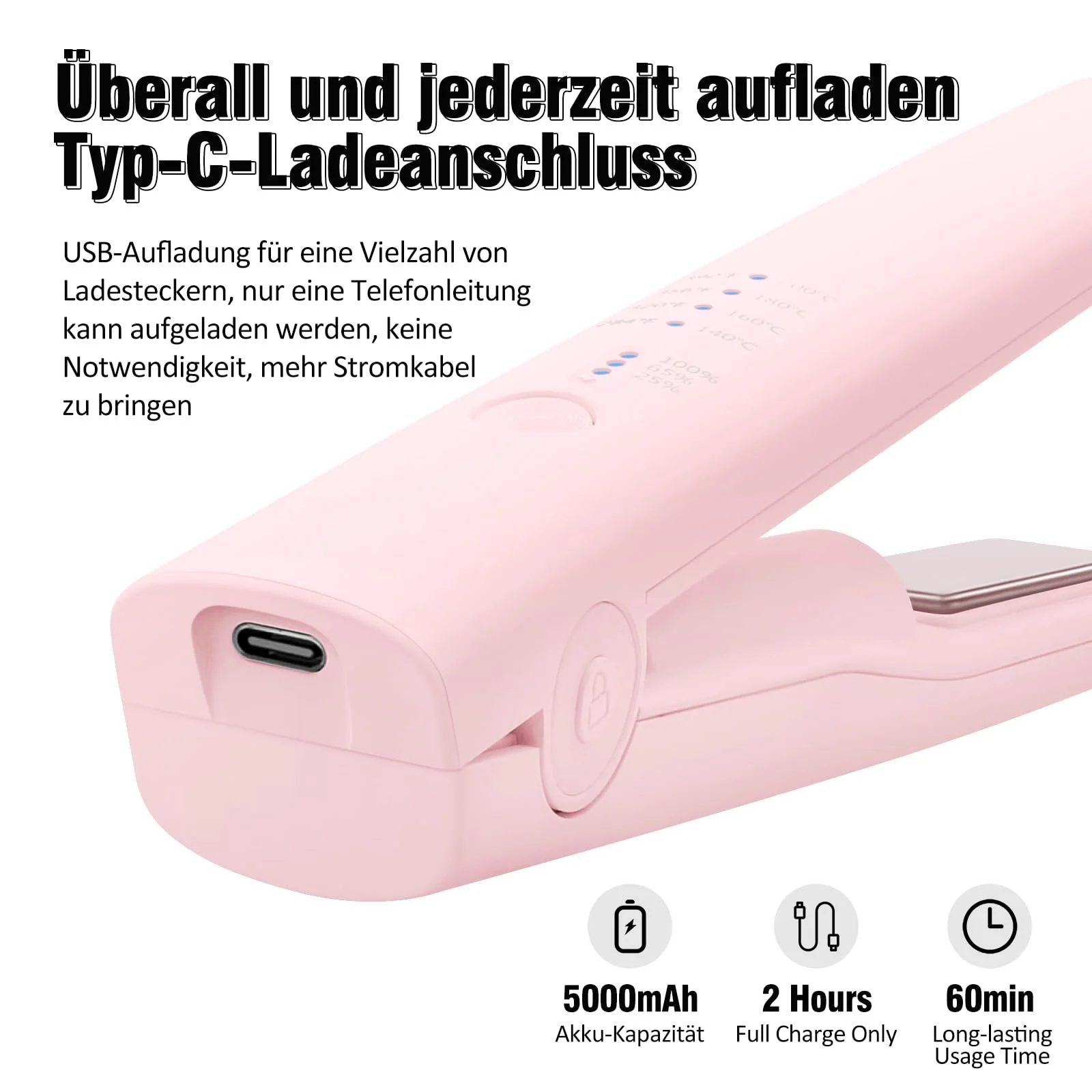 Випрямляч для волосся бездротовий iTayga 2-в-1 5000 мАг USB 4 рівні температури Рожевий, фото №2