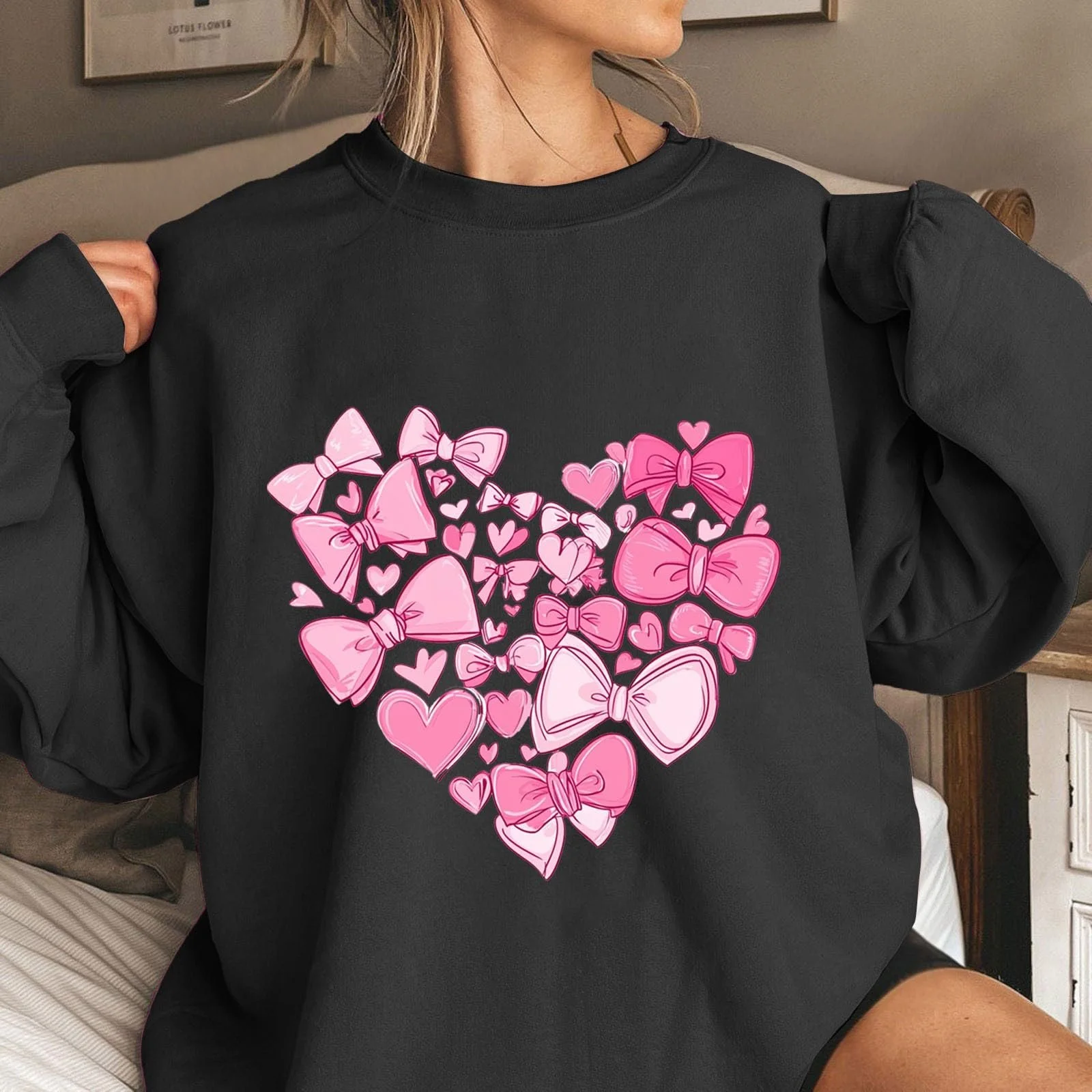 Рубашка Komiseup Длинная Basic Однотонный Свитшот без Капюшона Oversize Пуловер Модный Принт-Бантик Хлопок Круглый вырез Длинный рукав Осень Зима Легкий Свободный Пуловер 09, фото №2