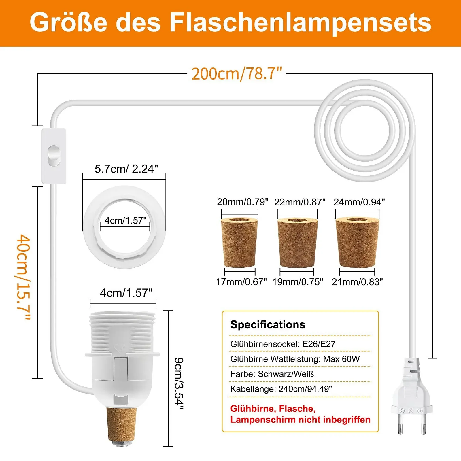 Тримач для ламп для пляшок E27 білий патрон з вимикачем та кабелем 240 см 3 типи пробок, фото №2