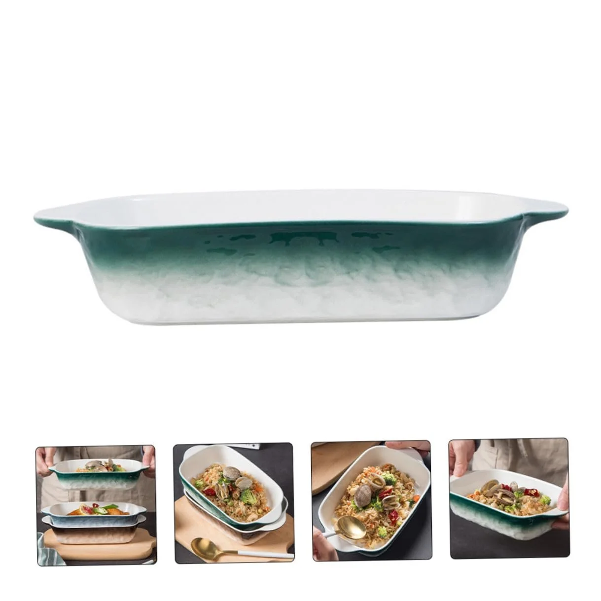 Форма для запекания DECHOUS Керамика Прямоугольная с ручками Зеленая с каменным узором, фото №7