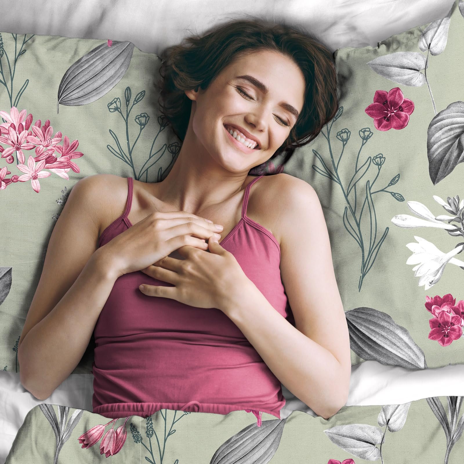 Постільна білизна з 4 предметів Pure Label Квіткова (135 x 200 см), з набором з 2 наволочок (80 x 80 см), надзвичайно м’яка постільна білизна, зелена, 100% бавовна, з блискавкою YKK, фото №6