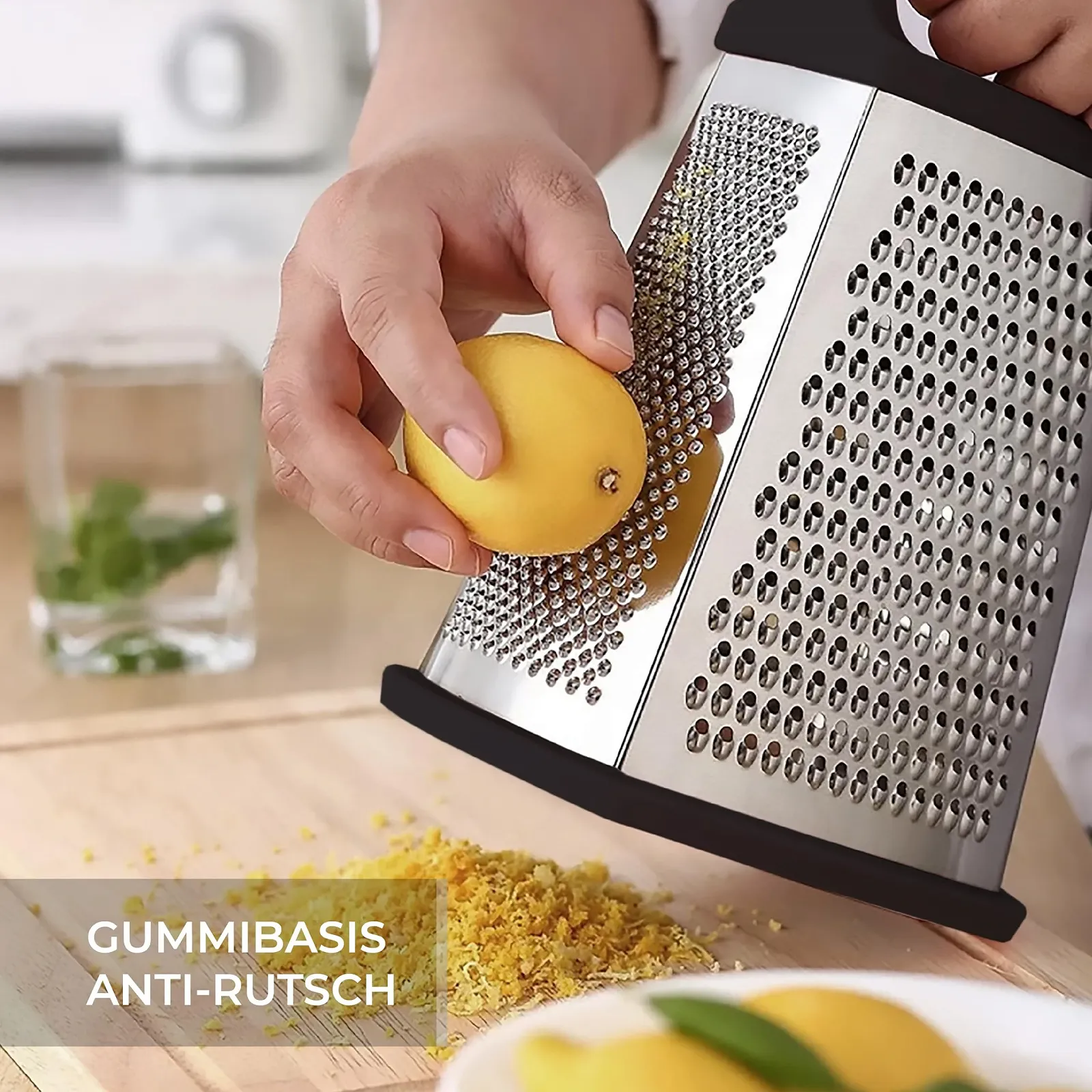 Терка VINAK Большая кухонная из нержавеющей стали с 4 сторонами: широкая, длинная, мелкая и для цедры с эргономичной ручкой и нескользящей резиновой основой., фото №5 Терка VINAK Большая кухонная из нержавеющей стали с 4 сторонами: широкая, длинная, мелкая и для цедры с эргономичной ручкой и нескользящей резиновой основой., фото №5