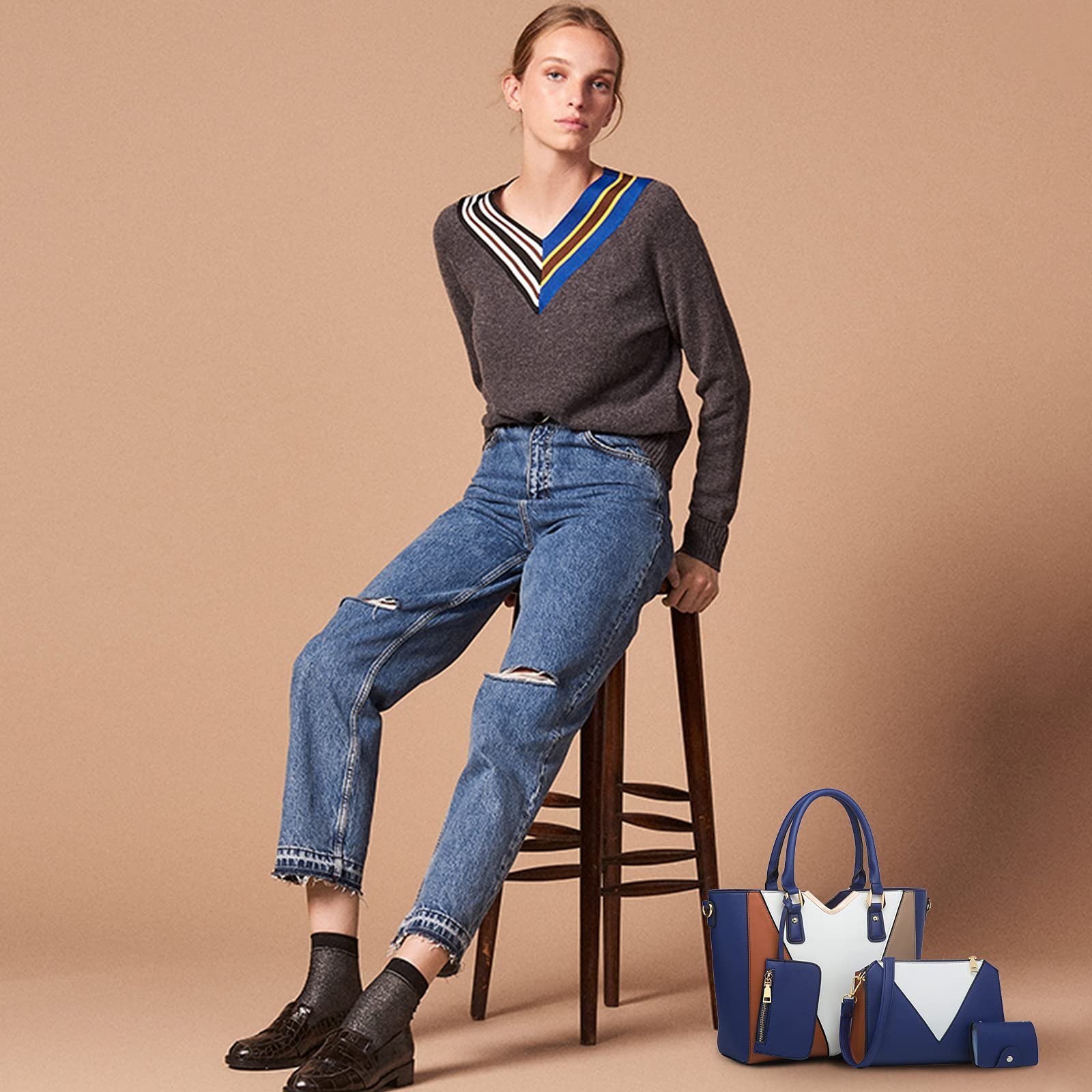 Сумка с верхней ручкой NICOLE & DORIS Большая женская V-образный Цветной блок Набор из 4 предметов темно-синий, фото №2