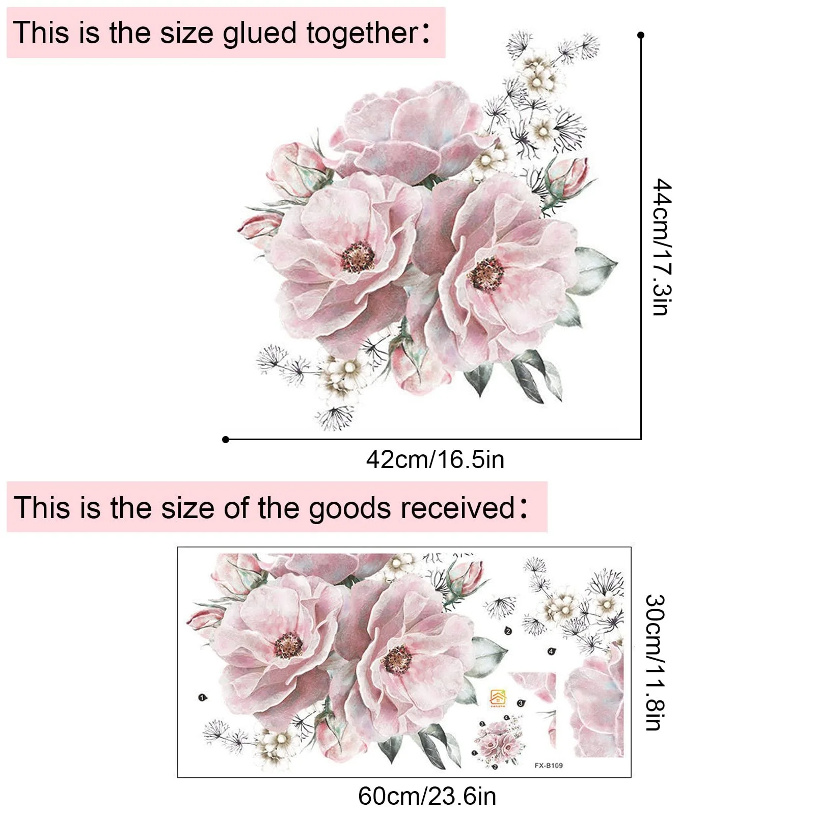 Наклейка на стену Цветы Пионы винтажная водонепроницаемая 44 x 42 см Розовый, фото №2
