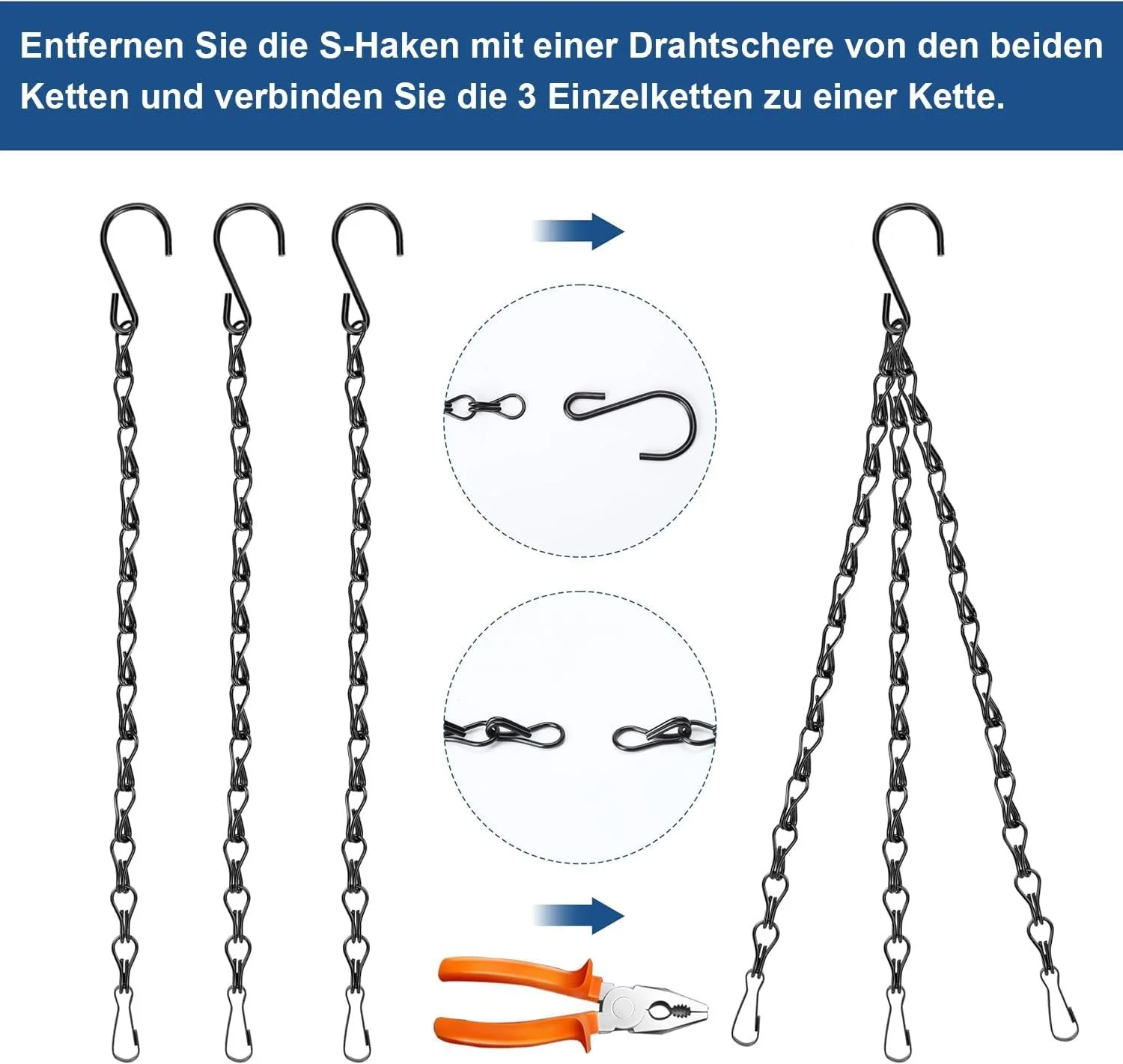 Ланцюги для підвісних корзин 5 шт. 40 см Металеві з гачками Чорні, фото №6