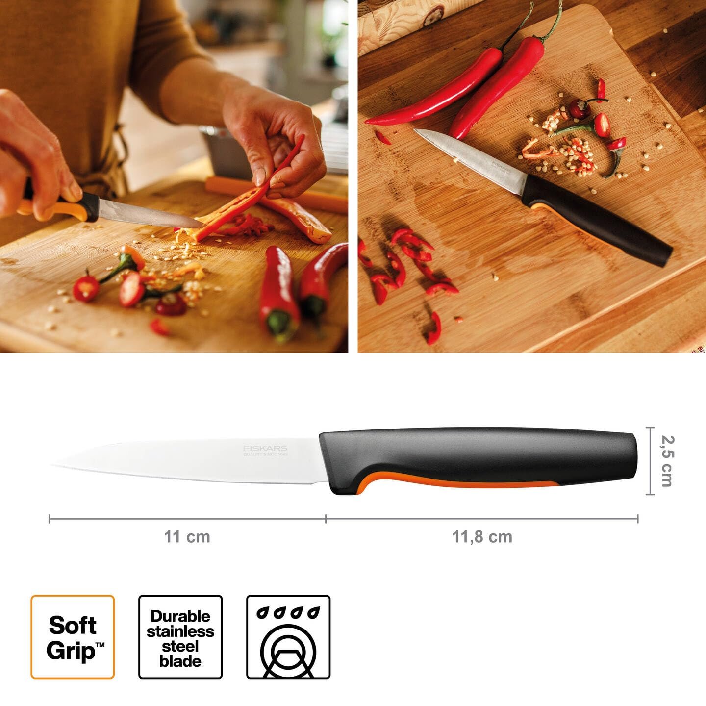 Набір ножів Fiskars Functional Form 5 од. Кухарський ніж, ніж для овочів, ніж для помідорів, ніж Santoku, ніж для хліба, японська нержавіюча сталь/пластик, чорний/помаранчевий, фото №6