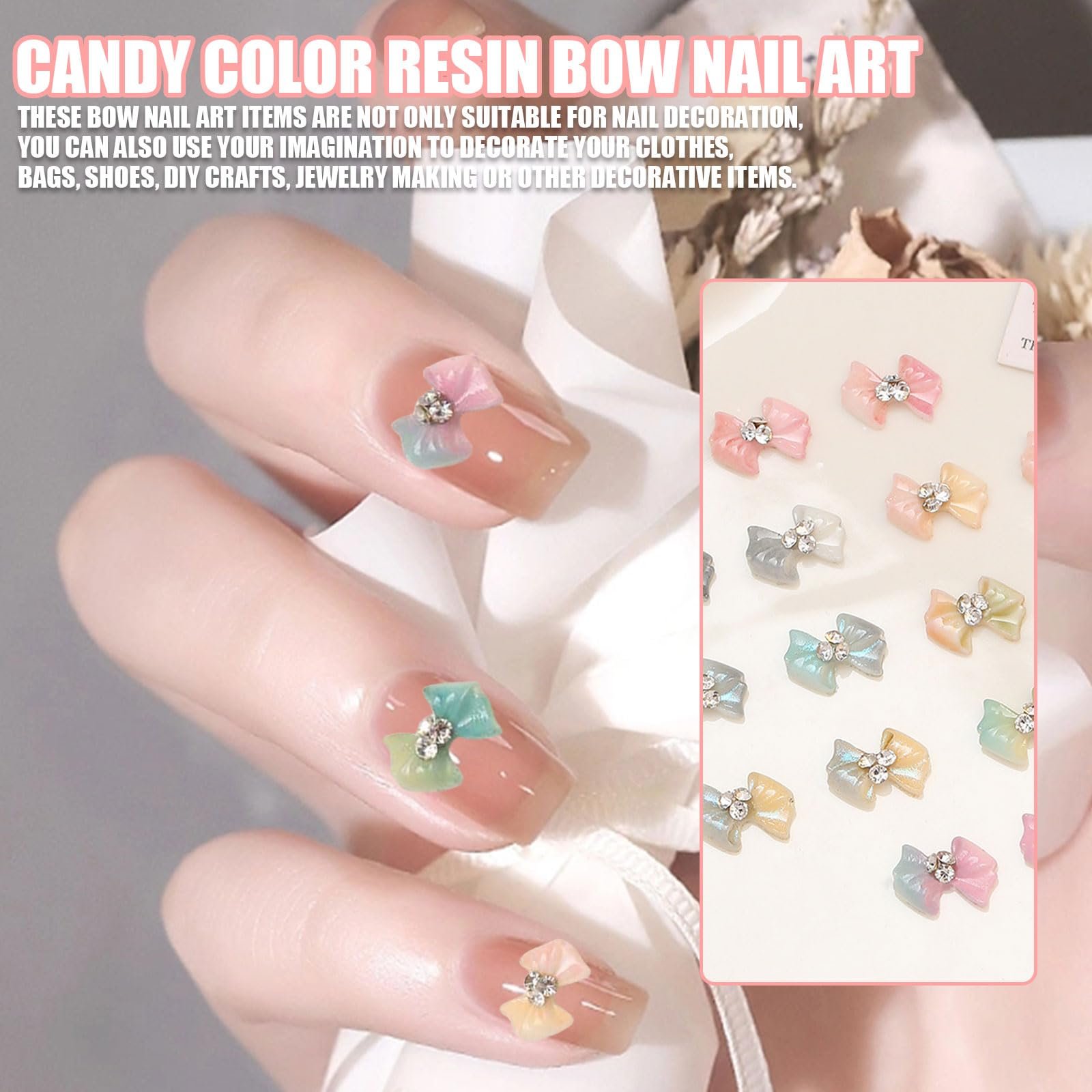 Украшения для ногтей в форме бантиков, Набор из 40 акриловых украшений для ногтей в форме бантиков, 3D украшения и стразы для дизайна ногтей своими руками, фото №4