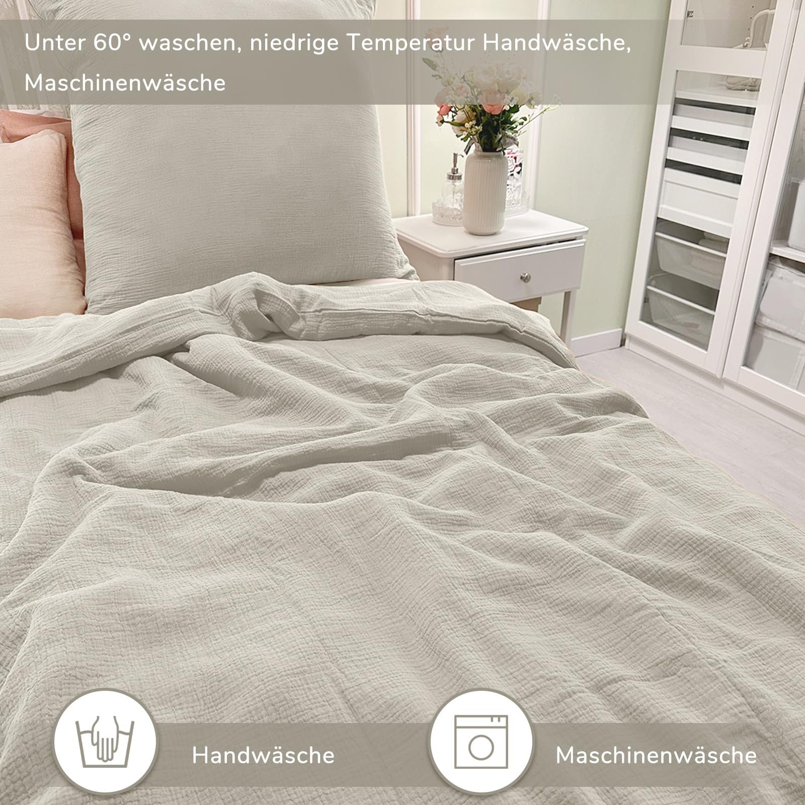 Постільна білизна DerF HOME Muslin, сіра, 135 x 200 см підодіяльник + 80 x 80 см наволочка, 100% бавовна, м'яка та приємна для шкіри для спокійного сну, фото №6