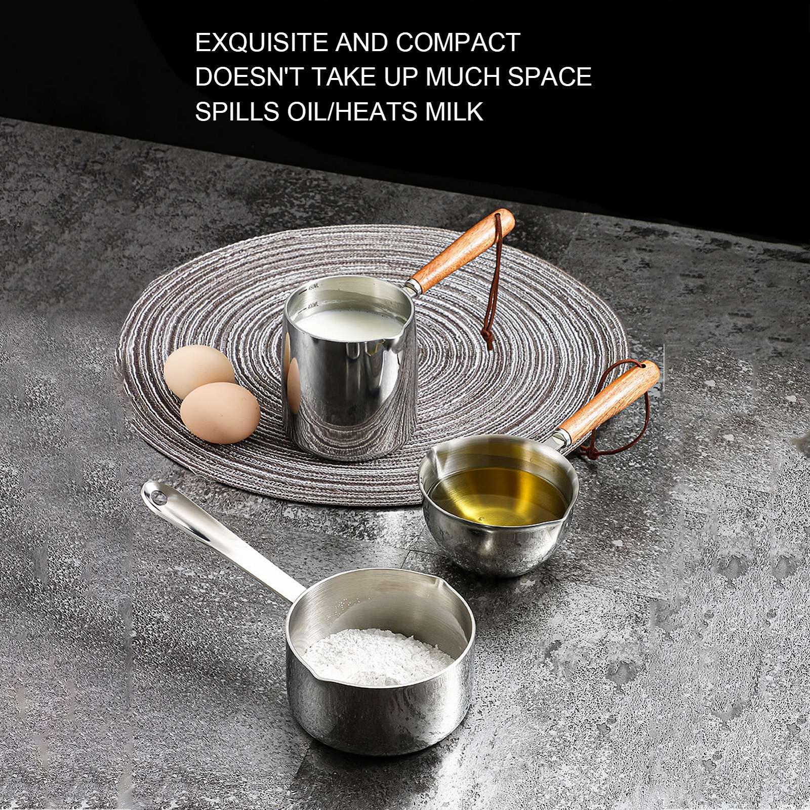 Мини-кастрюля из нержавеющей стали для масла 450 мл с крышкой и носиком, с деревянной ручкой, фото №4