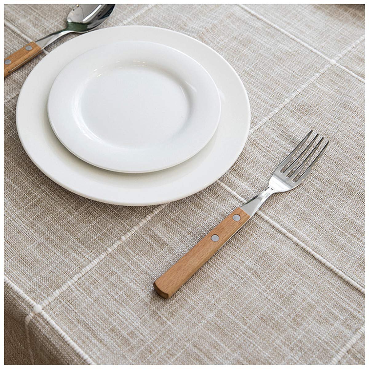 Скатертина кругла з китицями в клітинку Cotton Linen Fabric Щільна 200 см Beige, фото №4