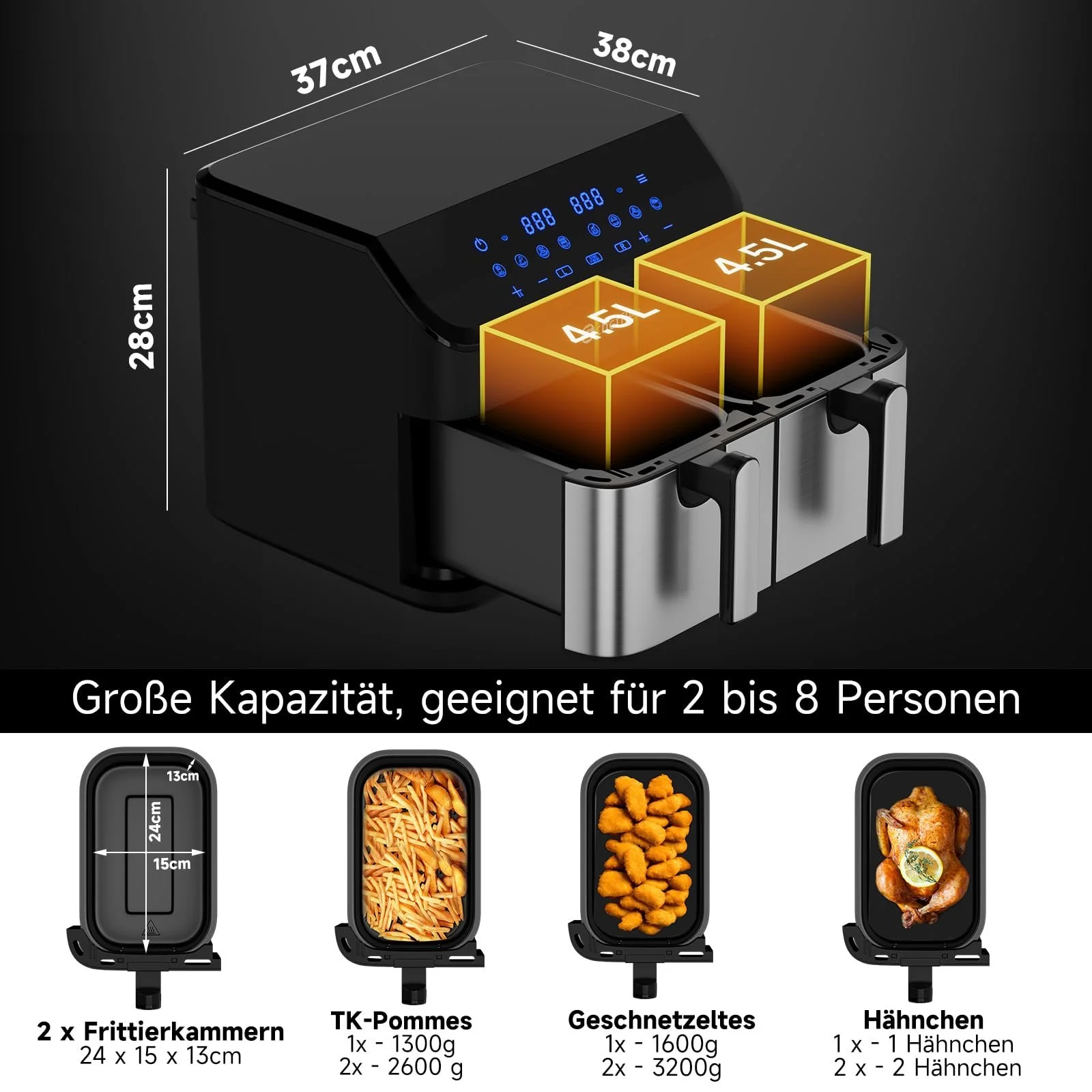 Мультипіч Scheffler 2 камери 9 л (2 x 4.5 л) 2000 Вт Dual Cook & Sync Finish 8 програм Сенсорний екран XXL, фото №5 Мультипіч Scheffler 2 камери 9 л (2 x 4.5 л) 2000 Вт Dual Cook & Sync Finish 8 програм Сенсорний екран XXL, фото №5
