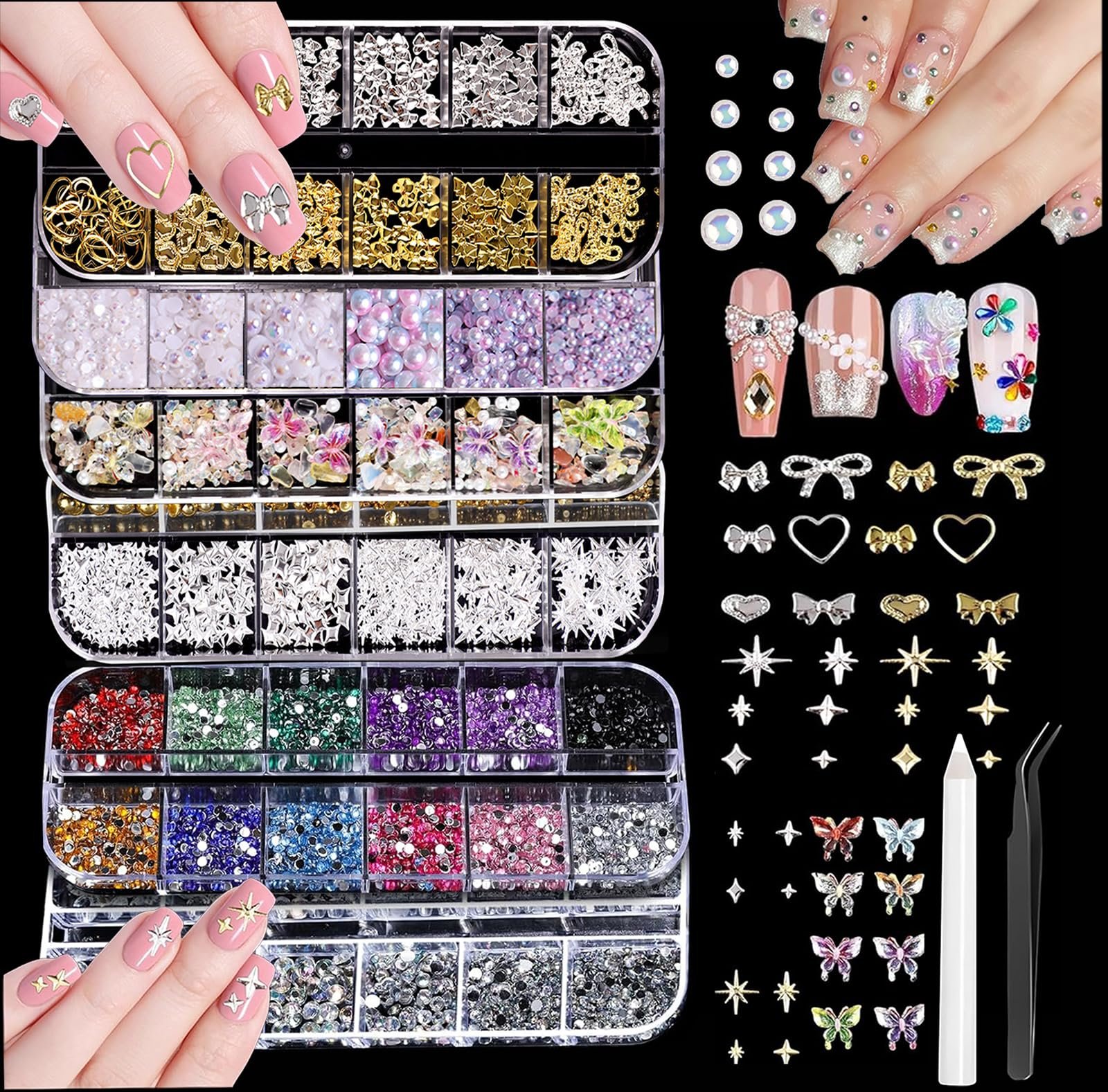 Прикраси для нігтів, 6 коробок Золоті Срібні 3D, фото №1