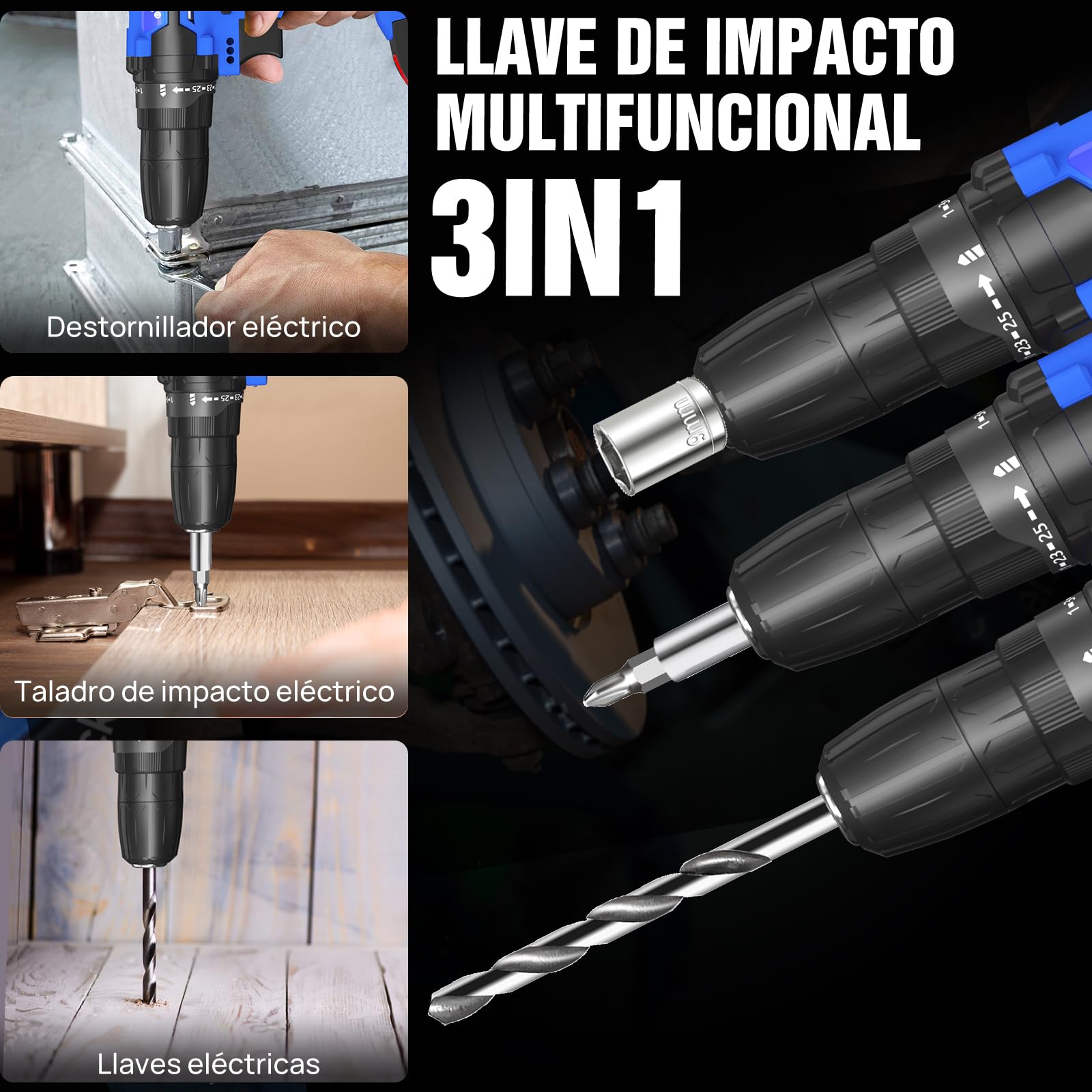 Дриль-шуруповерт Huini 21V з 1 акумулятором 1.5Ah електричний шуруповерт 25+1 регулювання крутного моменту 45Nm 2-швидкісний 26 аксесуарів LED світло для домашнього використання, фото №2