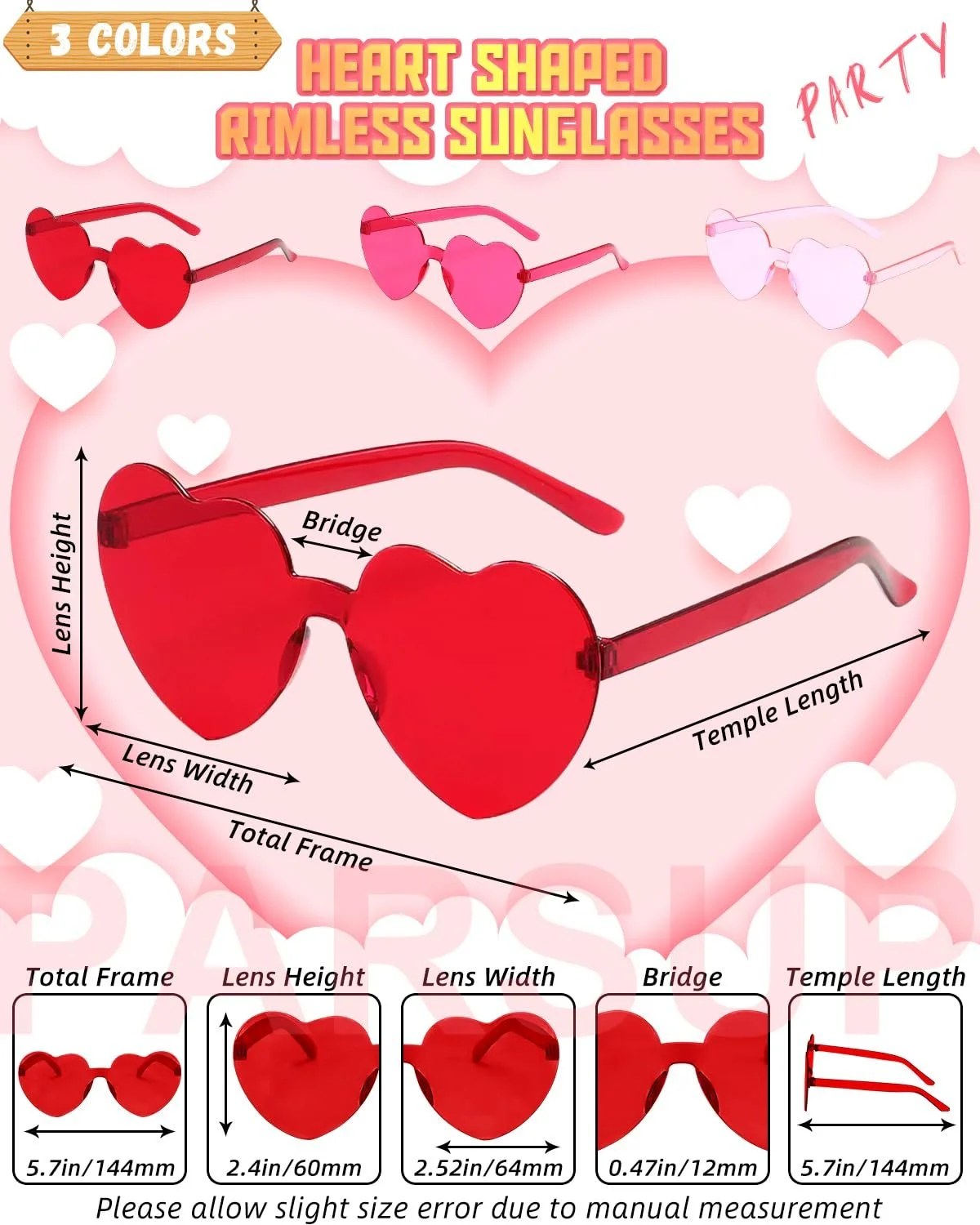 Окуляри Без оправи Серцеподібні PARSUP, 9 пар, Прозорі Червоні/Рожево-червоні/Рожеві, Кольорове скло, фото №1