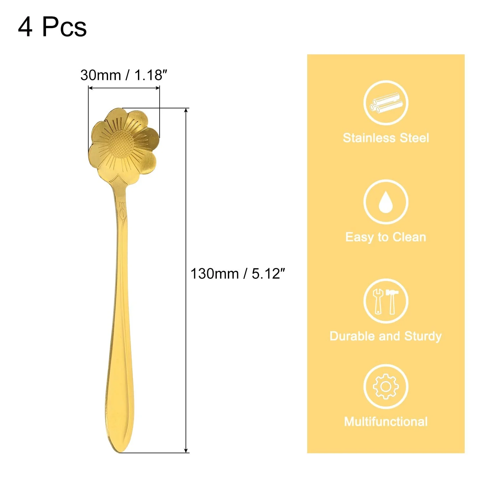 Ложка Кавова QUARKZMAN Нержавіюча сталь Квітка Соняшник Золотий, 4 шт, фото №2