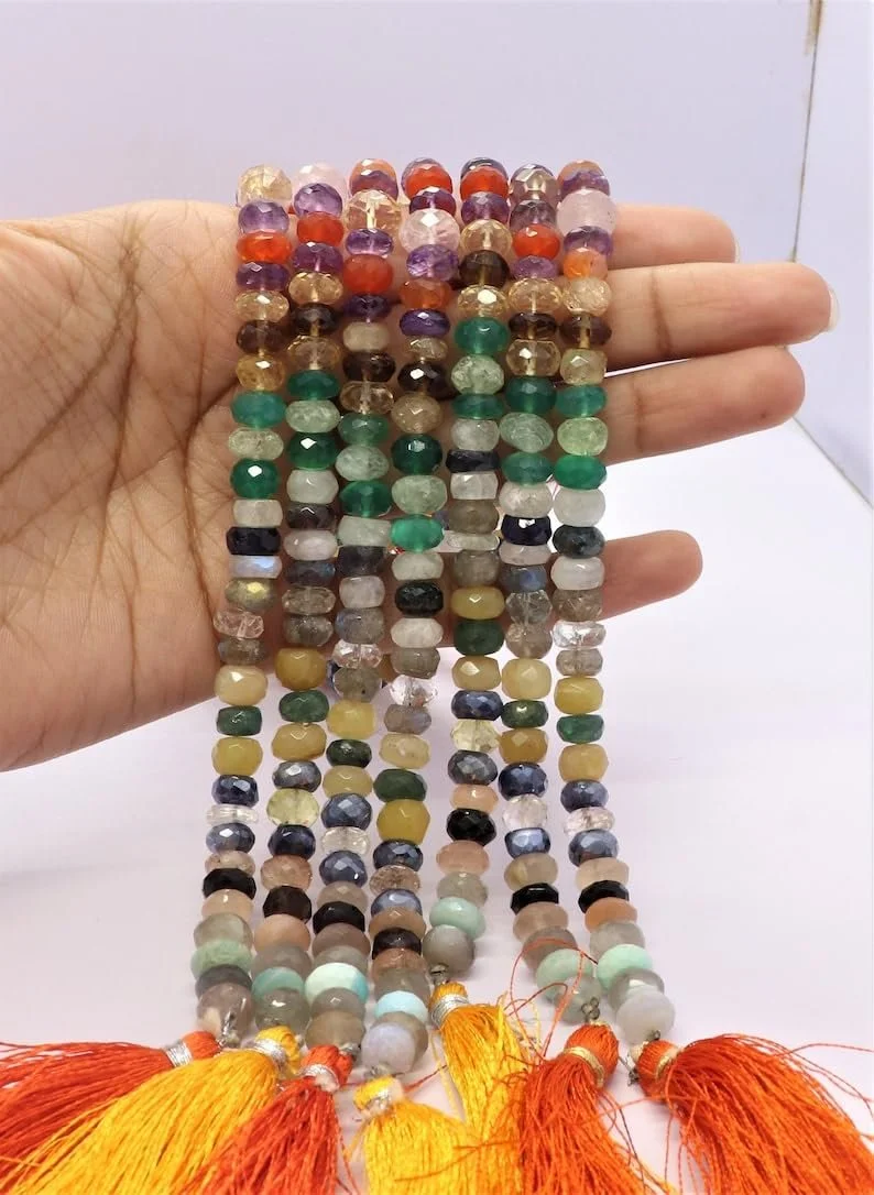 Бусины Rondella Полудрагоценные многоцветные 7-7.5 мм, нить длиной 25 см бусины из драгоценных камней для ожерелья, браслета, фото №1