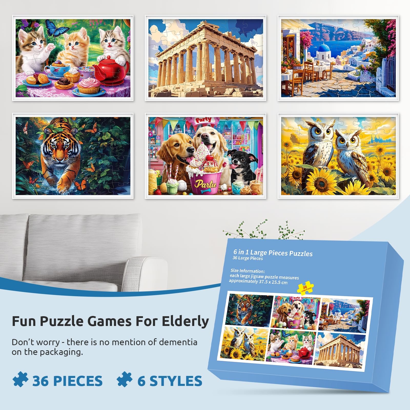 Набор пазлов 6 штук по 36 крупных элементов для пожилых людей, фото №2