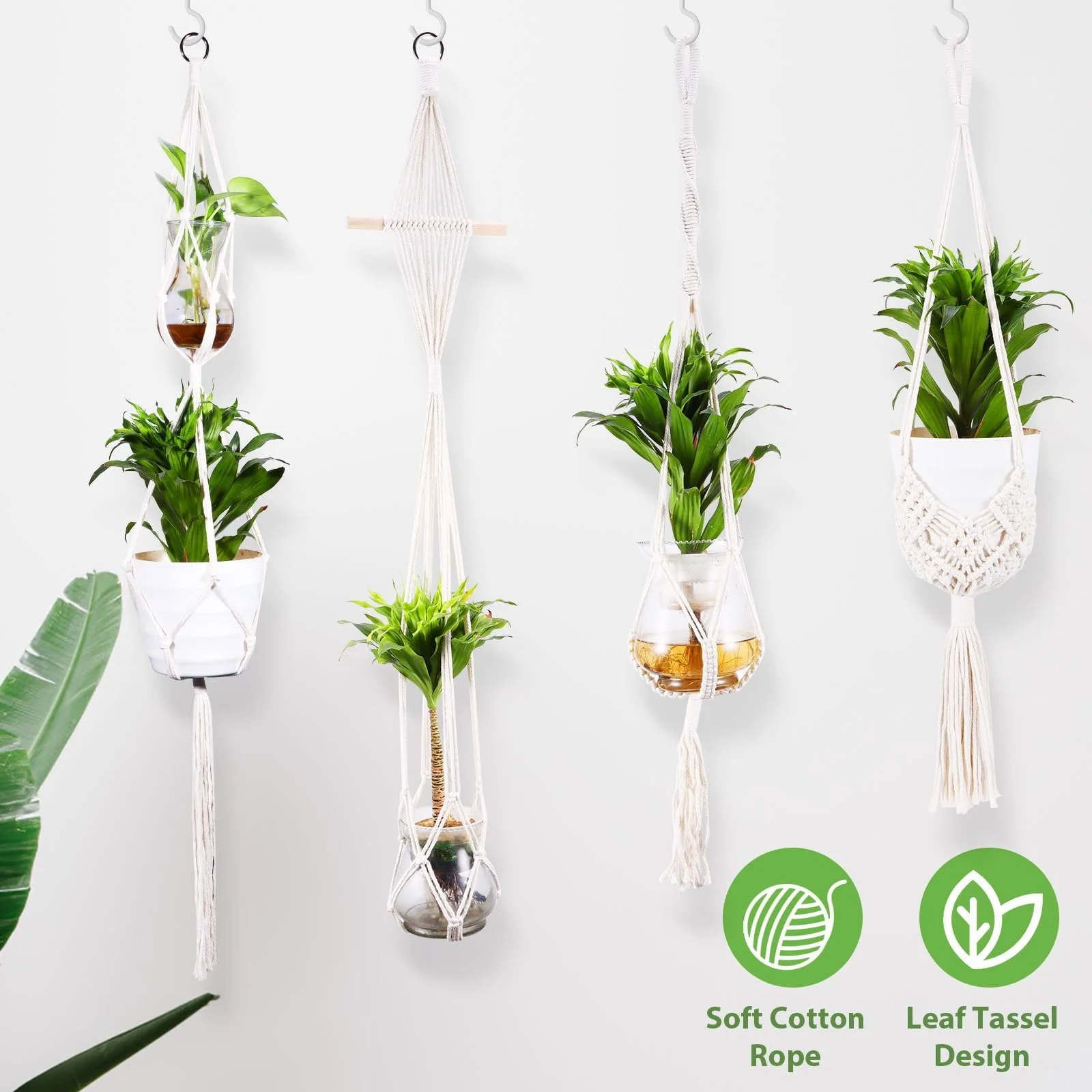 Набор подвесных корзин 4 шт. плетеных из хлопковой веревки в стиле бохо с крючками, фото №7