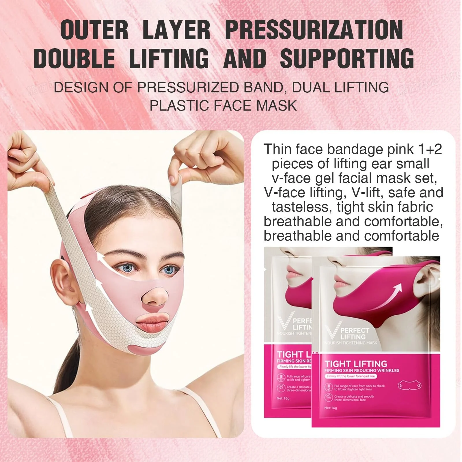 Пов'язка для підборіддя XdealCozyxc з 2 гелевими масками, дихаюча V-подібна маска для підтяжки обличчя для жінок і чоловіків, фото №2