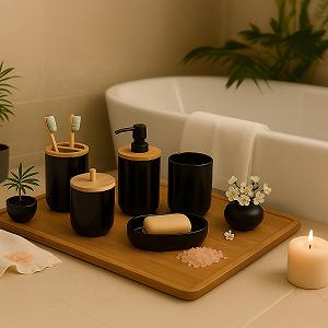 Набор для ванной комнаты Relaxdays, 7 предметов, пластик и бамбук synthetic.ua - Фото 1