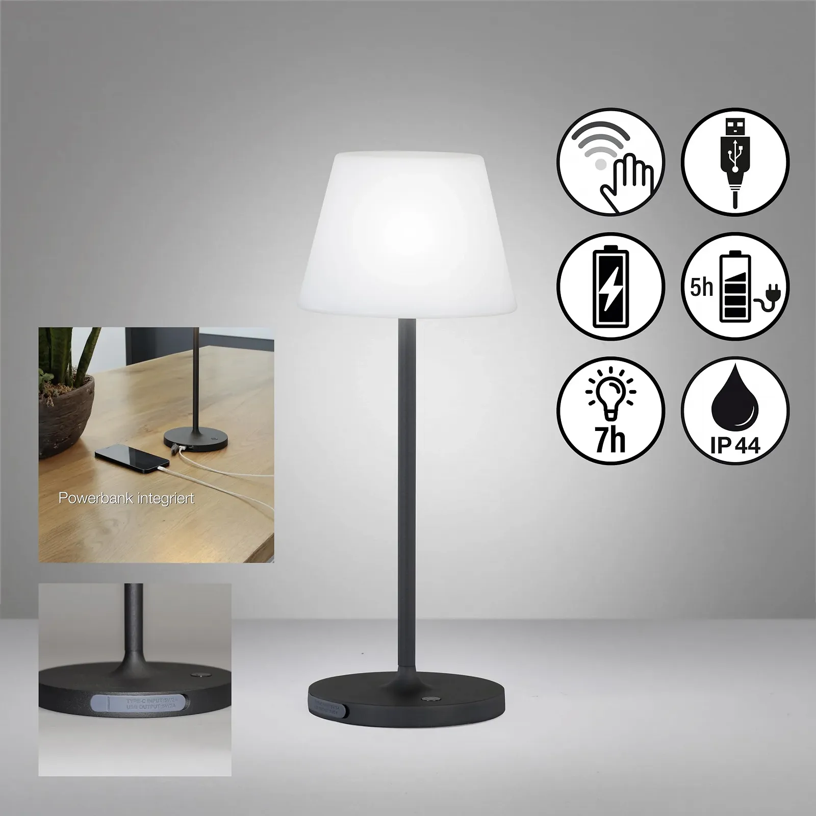 Настільна лампа Flux акумуляторна вулична LED 1.5 Вт 3000 К 210 лм димована чорна / біла, фото №2