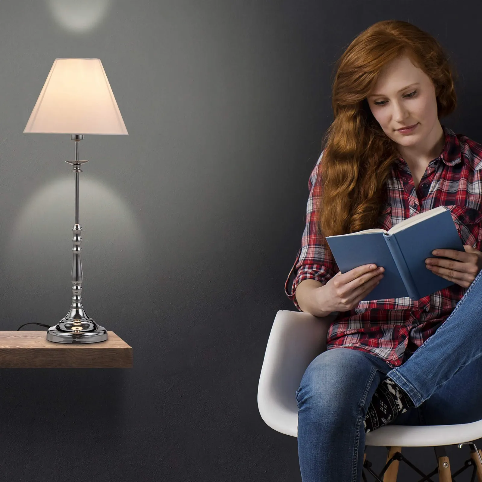 Настільна лампа Relaxdays Vintage E14 55x21 см сріблясто-біла тканина хром, фото №5