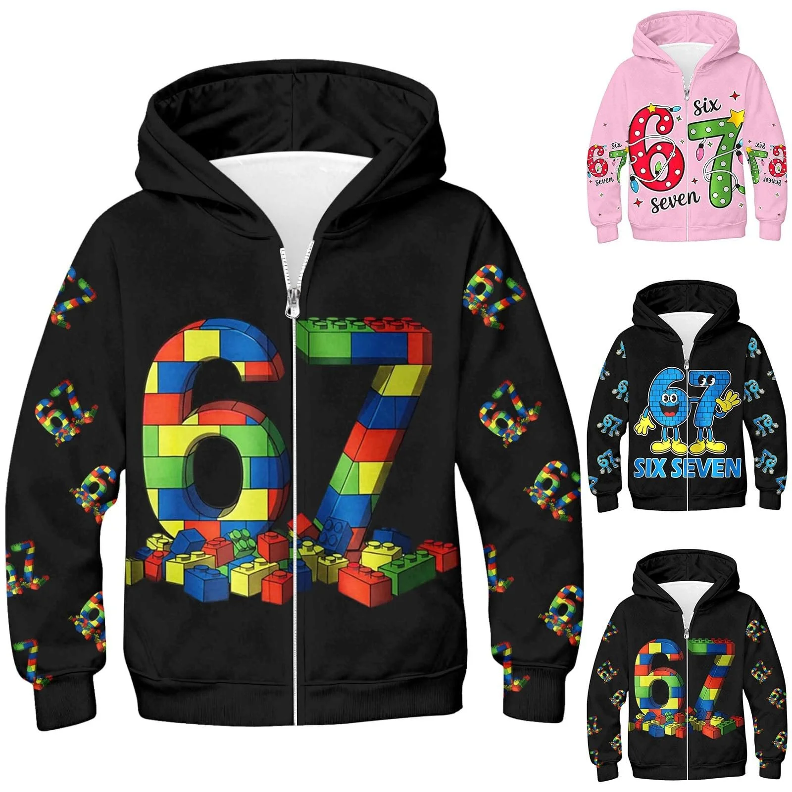 Куртка с капюшоном Generisch Детская 67 Six Seven Мотив Красочный Мультяшный Номер Числа Мальчик Девочка Длинный Рукав Теплая Осень Зима На молнии 6 7 Праздничный Рождественский Наряд 3-12 лет, фото №1