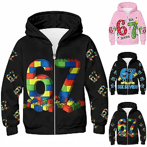 Куртка с капюшоном Generisch Детская 67 Six Seven Мотив Красочный Мультяшный Номер Числа Мальчик Девочка Длинный Рукав Теплая Осень Зима На молнии 6 7 Праздничный Рождественский Наряд 3-12 лет - Фото 1