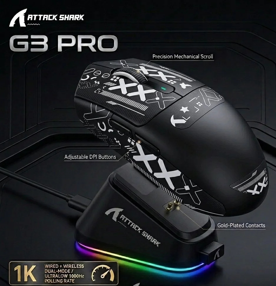 Миша Attack Shark G3Pro Black 25000DPI PAM3311 Wireless Bluetooth із зарядною базою, фото №1