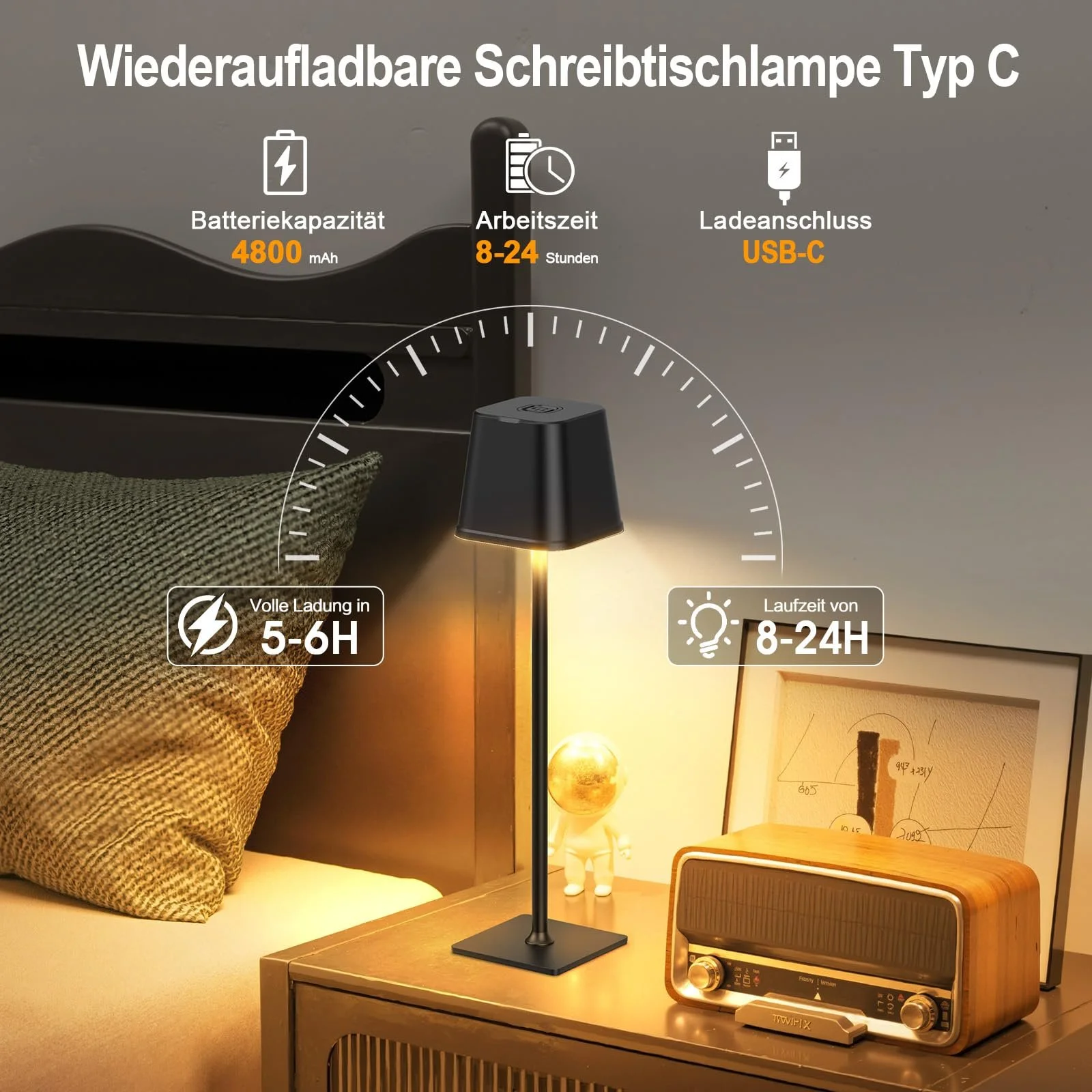 Настільна лампа RECHOO LED акумуляторна IP54 Сенсорна USB-C Чорна, фото №5