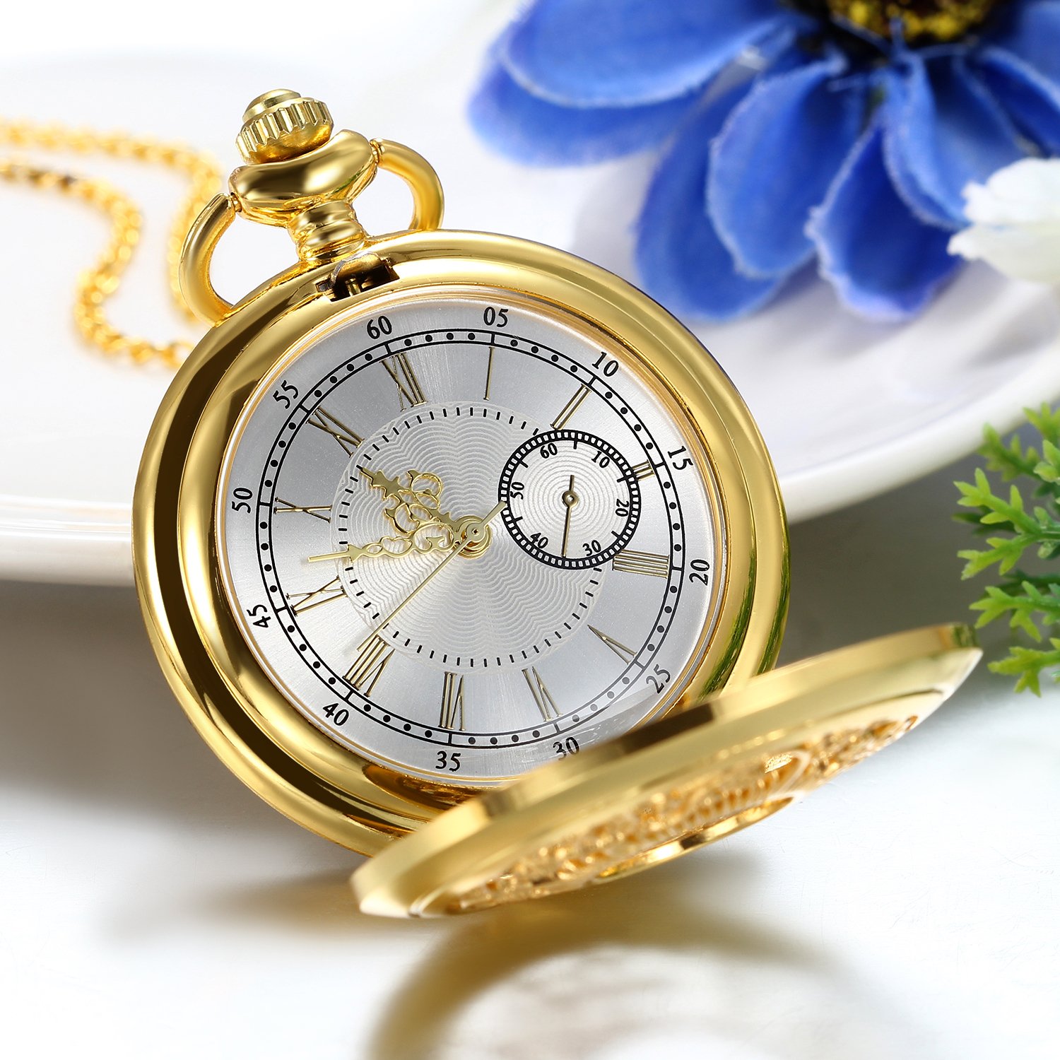Карманные часы JewelryWe подарок на День отца Analogue Quartz Мужские ретро Королевская флеш / Компас / Цветы / Колокол / Мотоцикл с подвеской цепочки бронзовый подарок для мужчин, фото №4