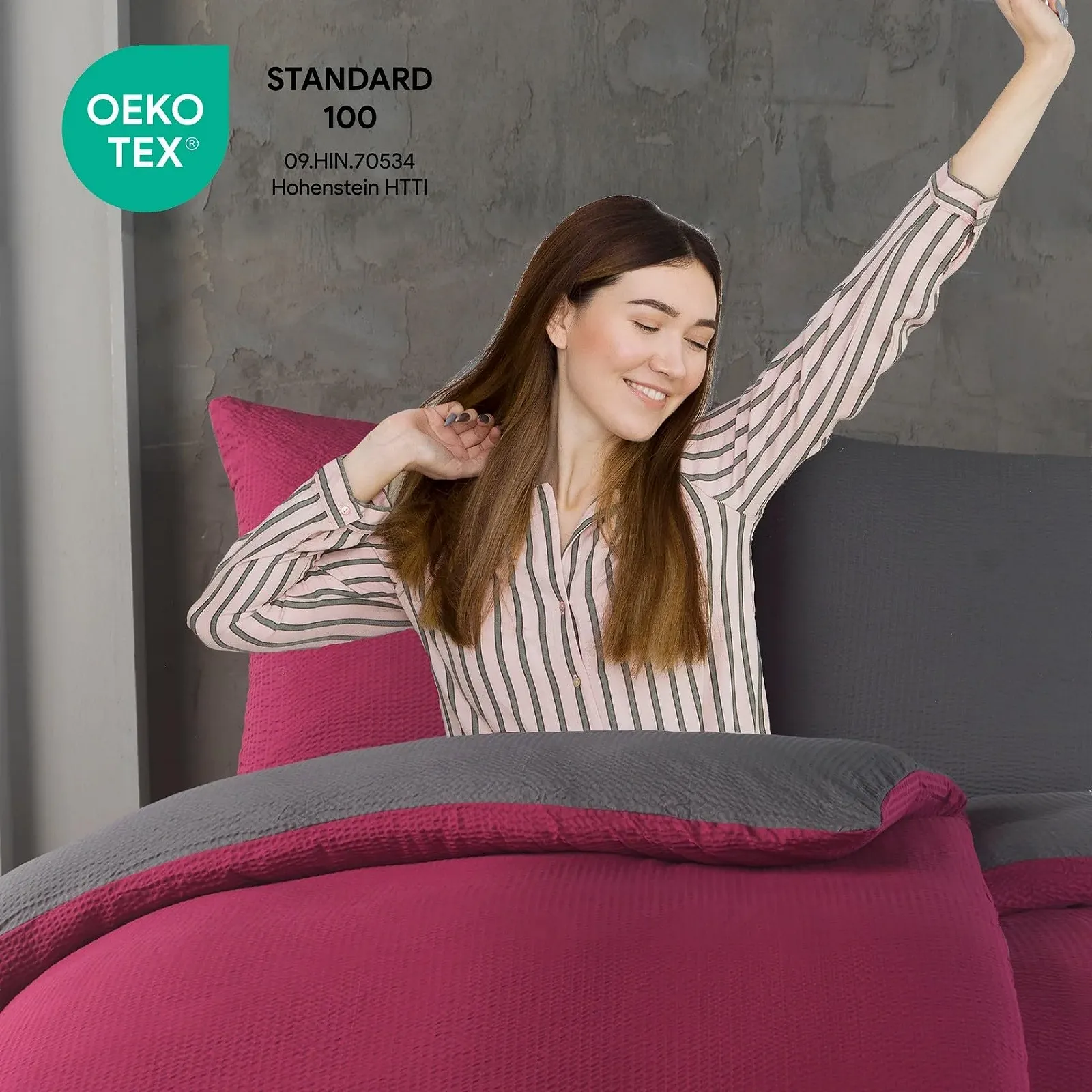 Комплект постільної білизни Kuscheli Dreamhome Fine Seersucker 4 предмети 2 x 135 x 200 см + 2 x 80 x 80 см Вишнево-червоний / Сірий, фото №3