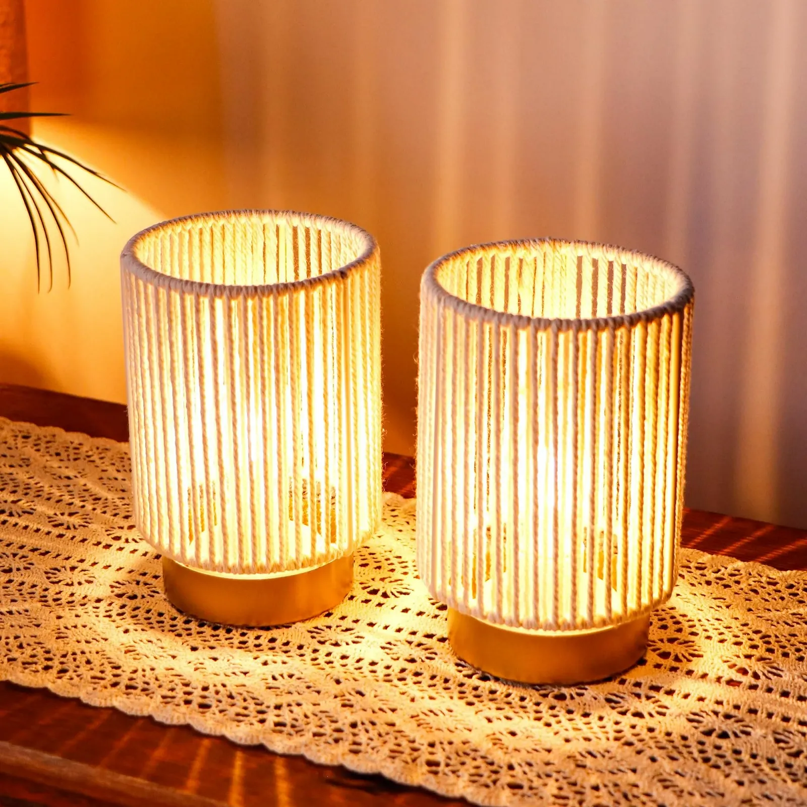 Настільні лампи JHY DESIGN Набір з 2 шт. Плетені з бавовняної мотузки на батарейках 17 см, фото №7
