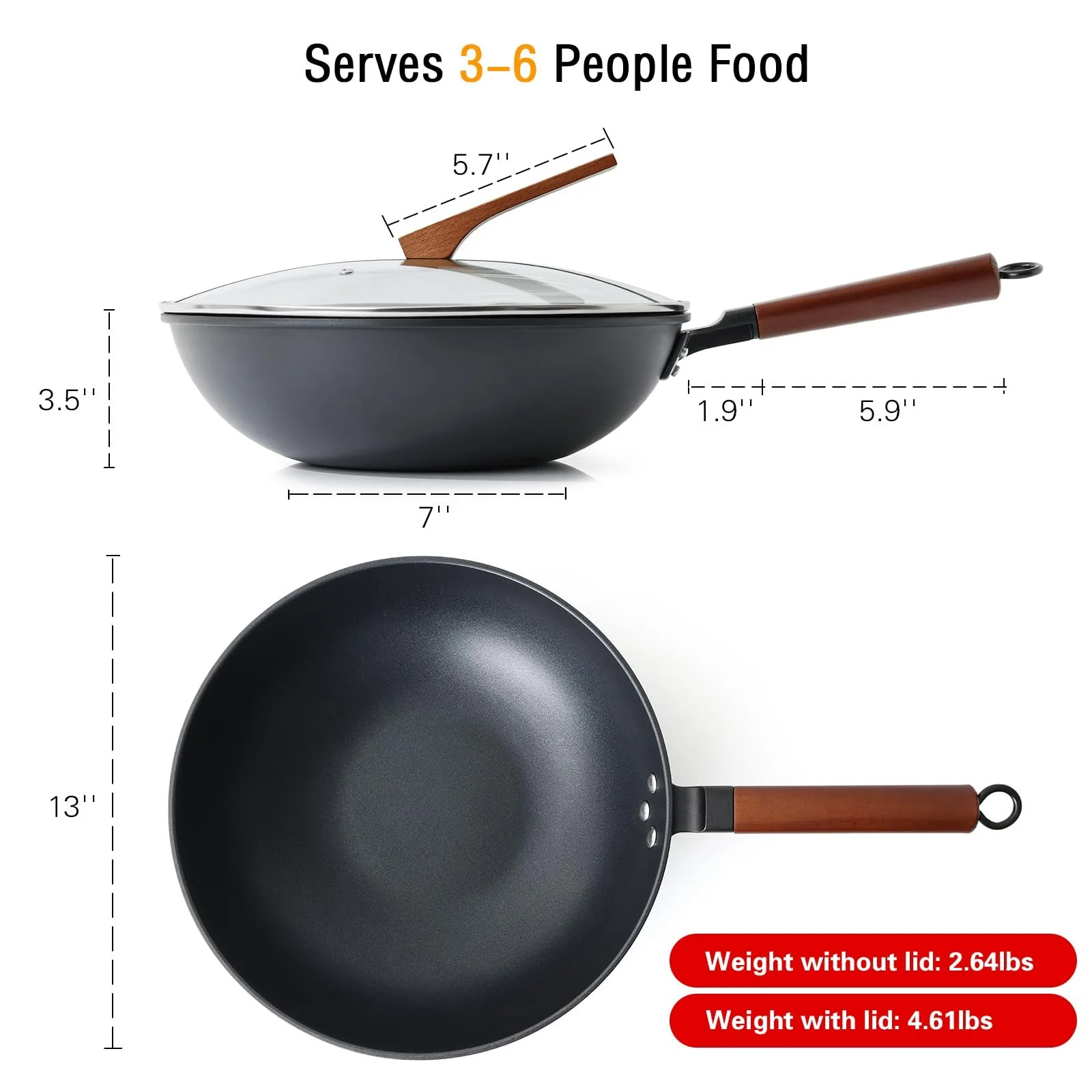 Сковорідка-Вок Kordisen Без прилипання 33 см/5.6 л з кришкою, Без хімічного покриття, Попередньо оброблений, Підходить для індукційних/електричних/газових плит, фото №5