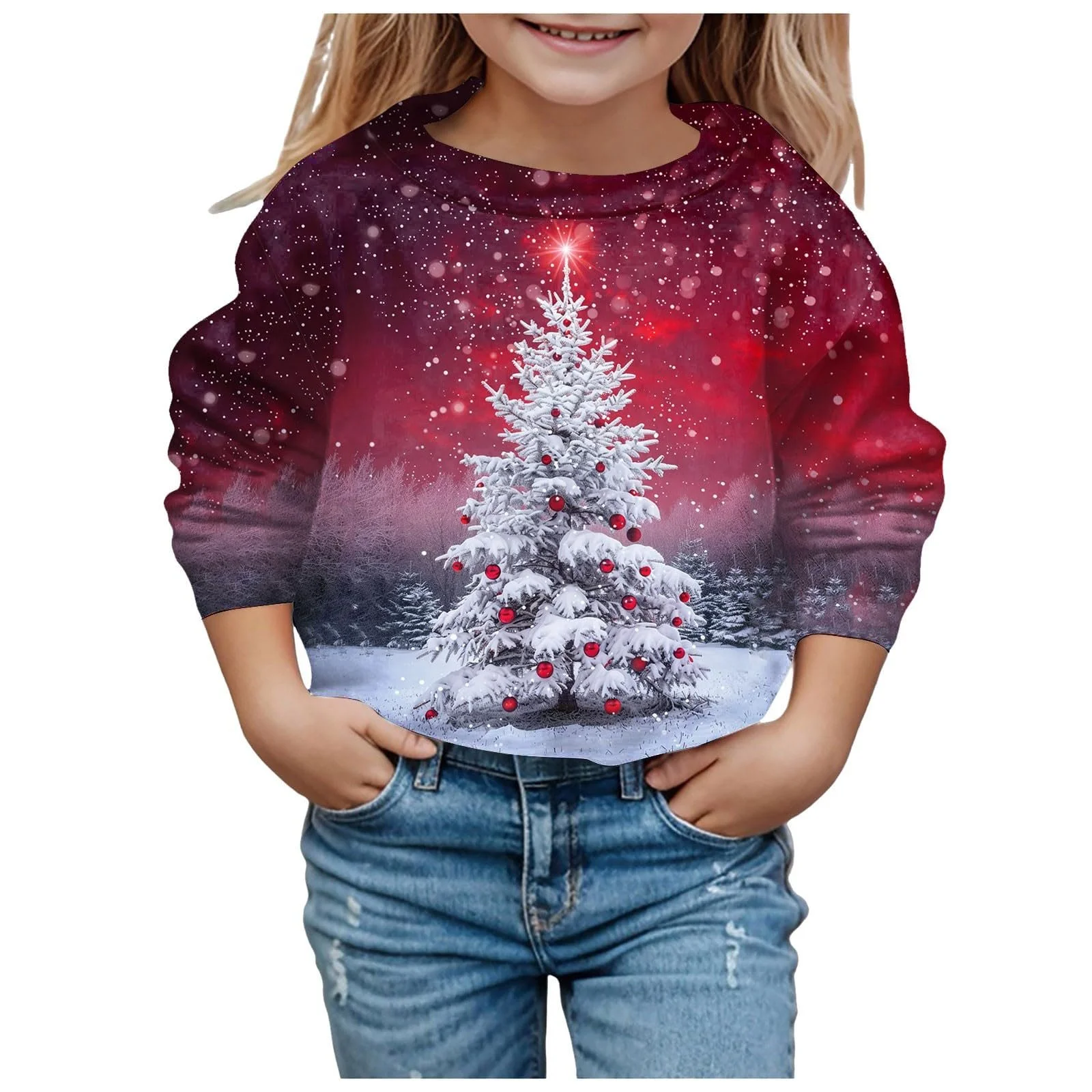 Рождественский джемпер для малышей, детская толстовка для девочек 110, детская мода, милый принт, круглый вырез, длинные рукава, фото №1