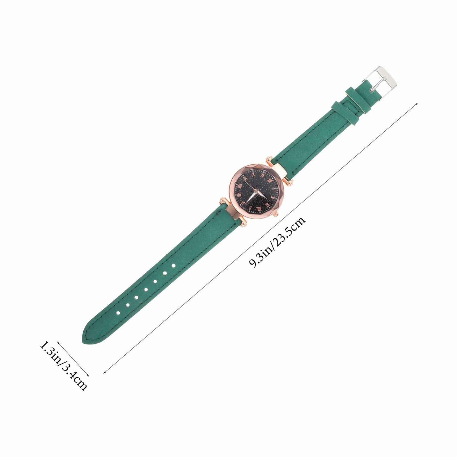 Женские часы PartyKindom с зелеными римскими цифрами, регулируемый кожаный ремешок, фото №2