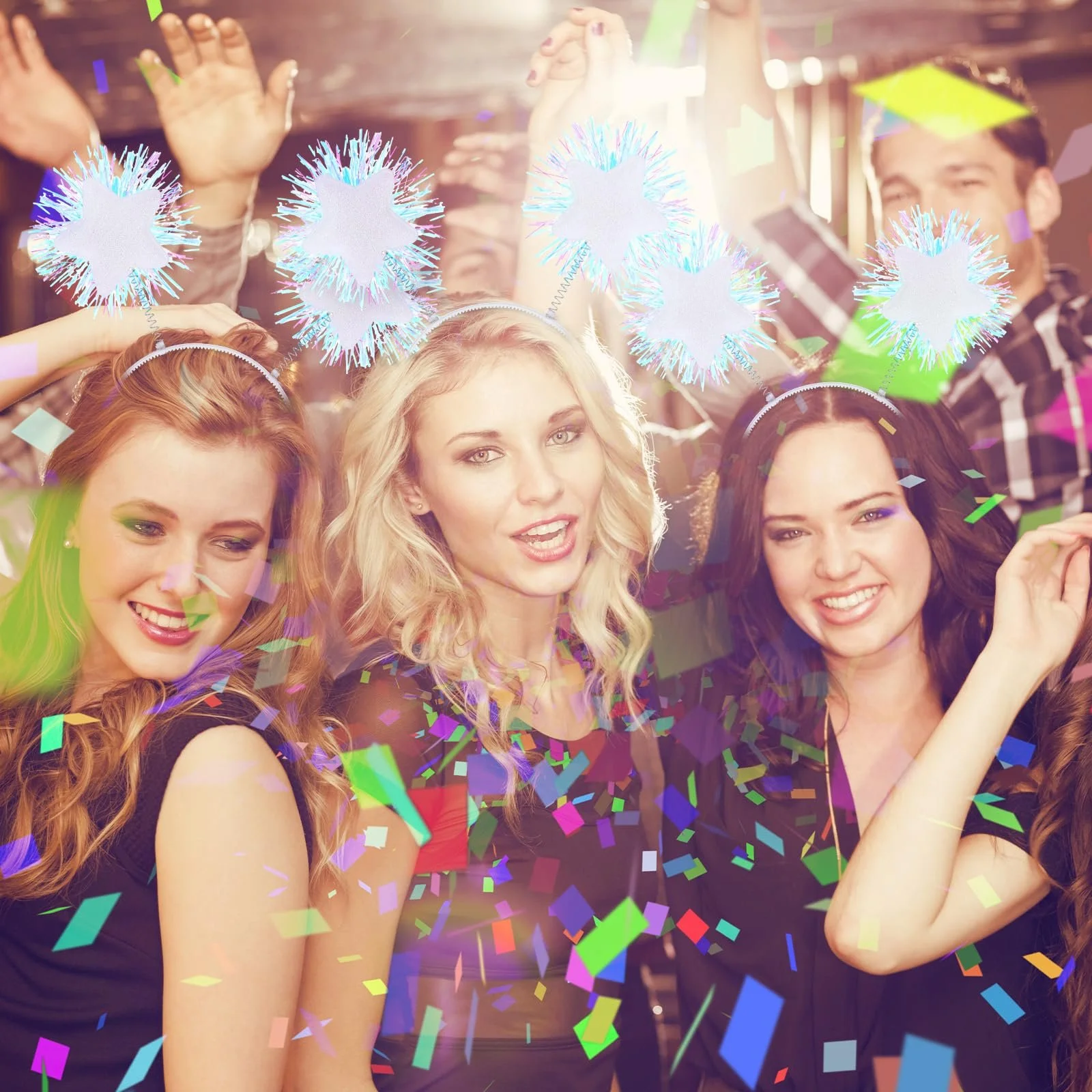 Обруч для волосся з фольгованими смужками, помпоном і блискучими зірками, білий, фото №4