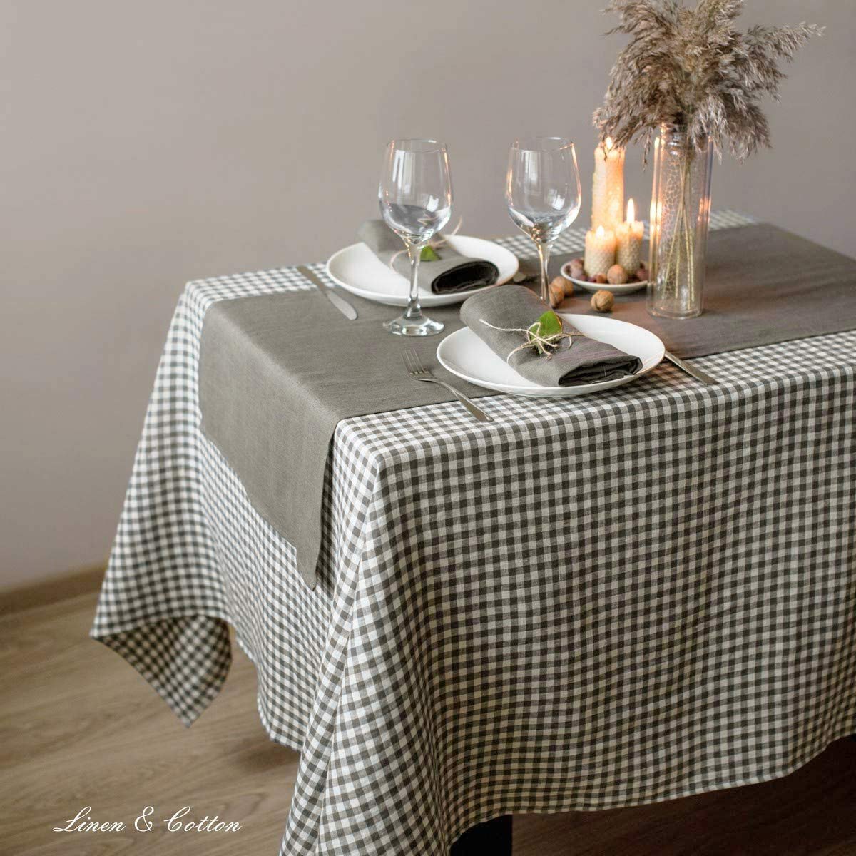 Скатертина Linen & Cotton Estella у клітинку 100% льон 80 x 80 см біло-сіра, фото №2