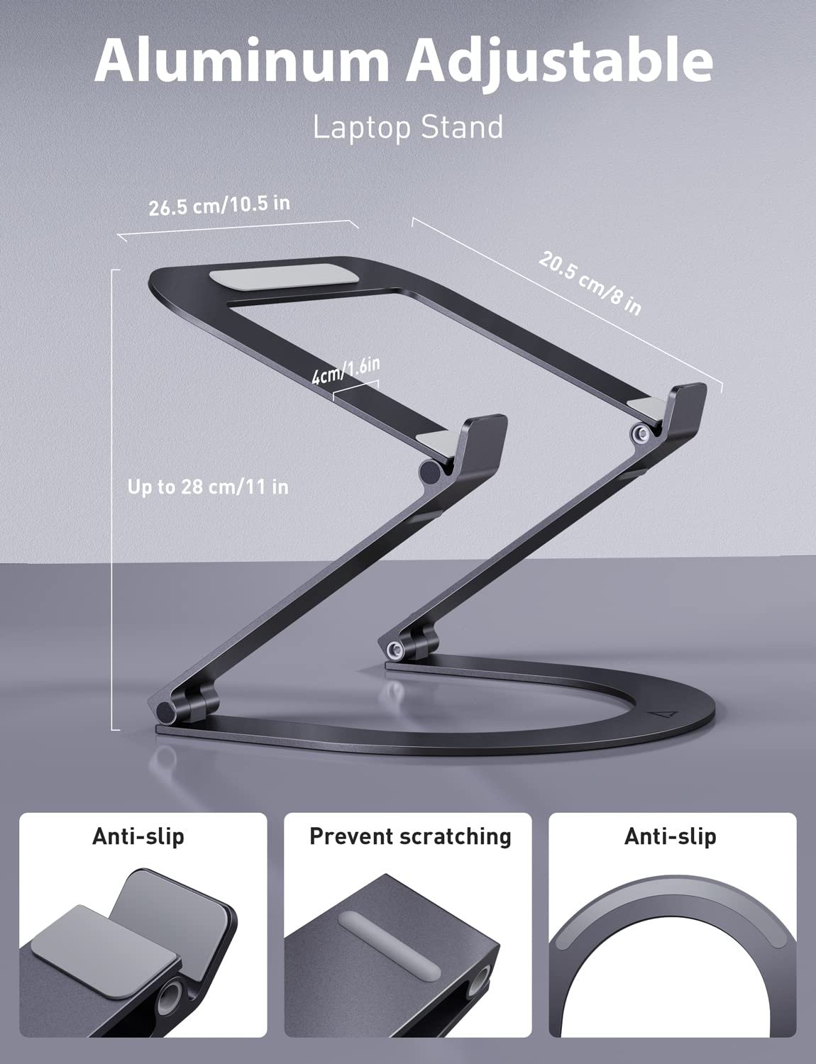 Підставка для ноутбука Maxonar, регульована по висоті, складана, алюмінієва, ергономічна, вентильована, сумісна з MacBook, Samsung, Dell 11-15 дюймів, сіра, фото №2