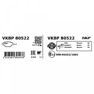 Комплект тормозных колодок, дисковый тормоз SKF VKBP 80522 для OPEL RENAULT VAUXHALL synthetic.ua - Фото 1